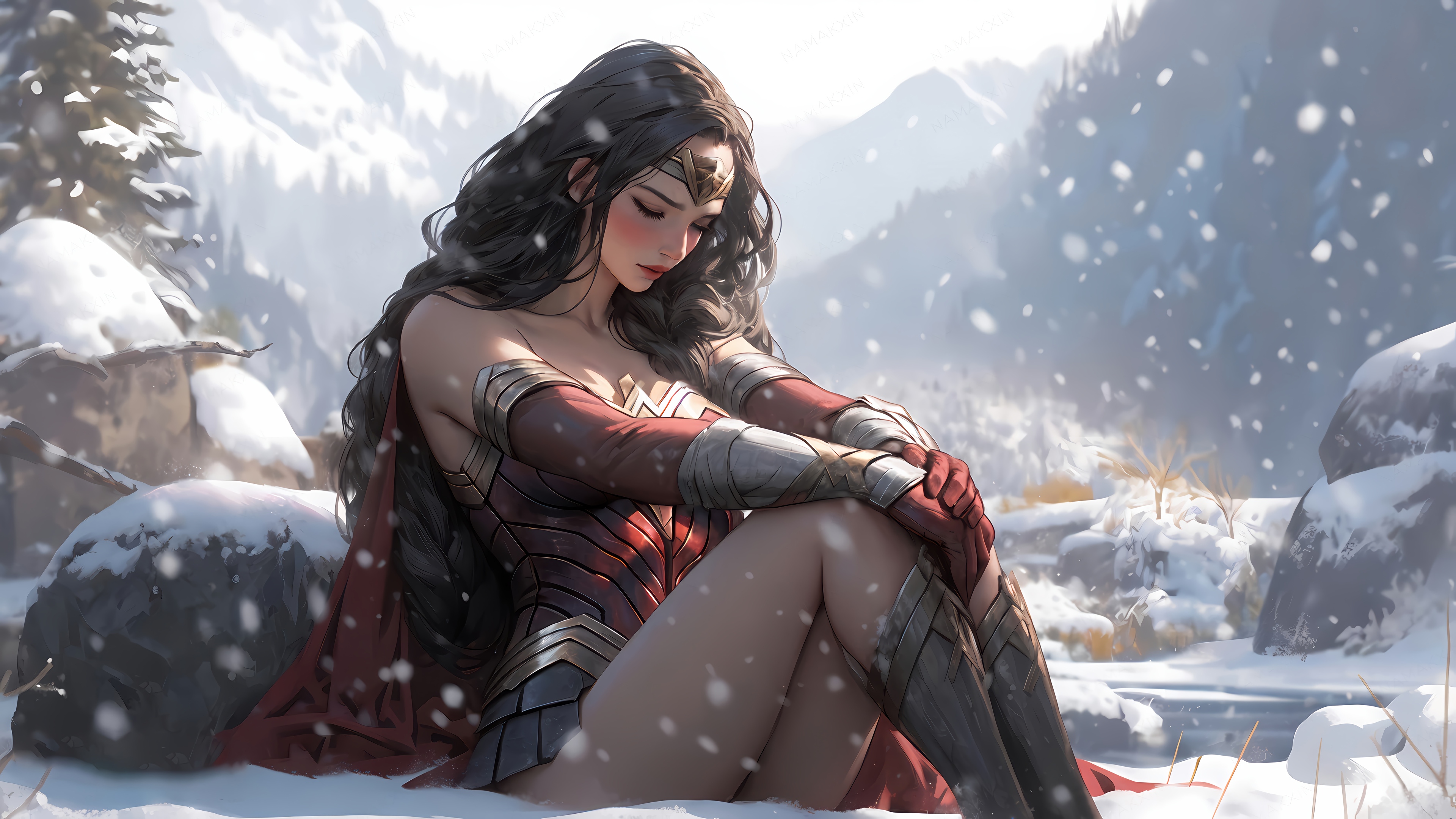 Wonder Woman in a Snowy Mountain Landscape 4K HD Wallpaper