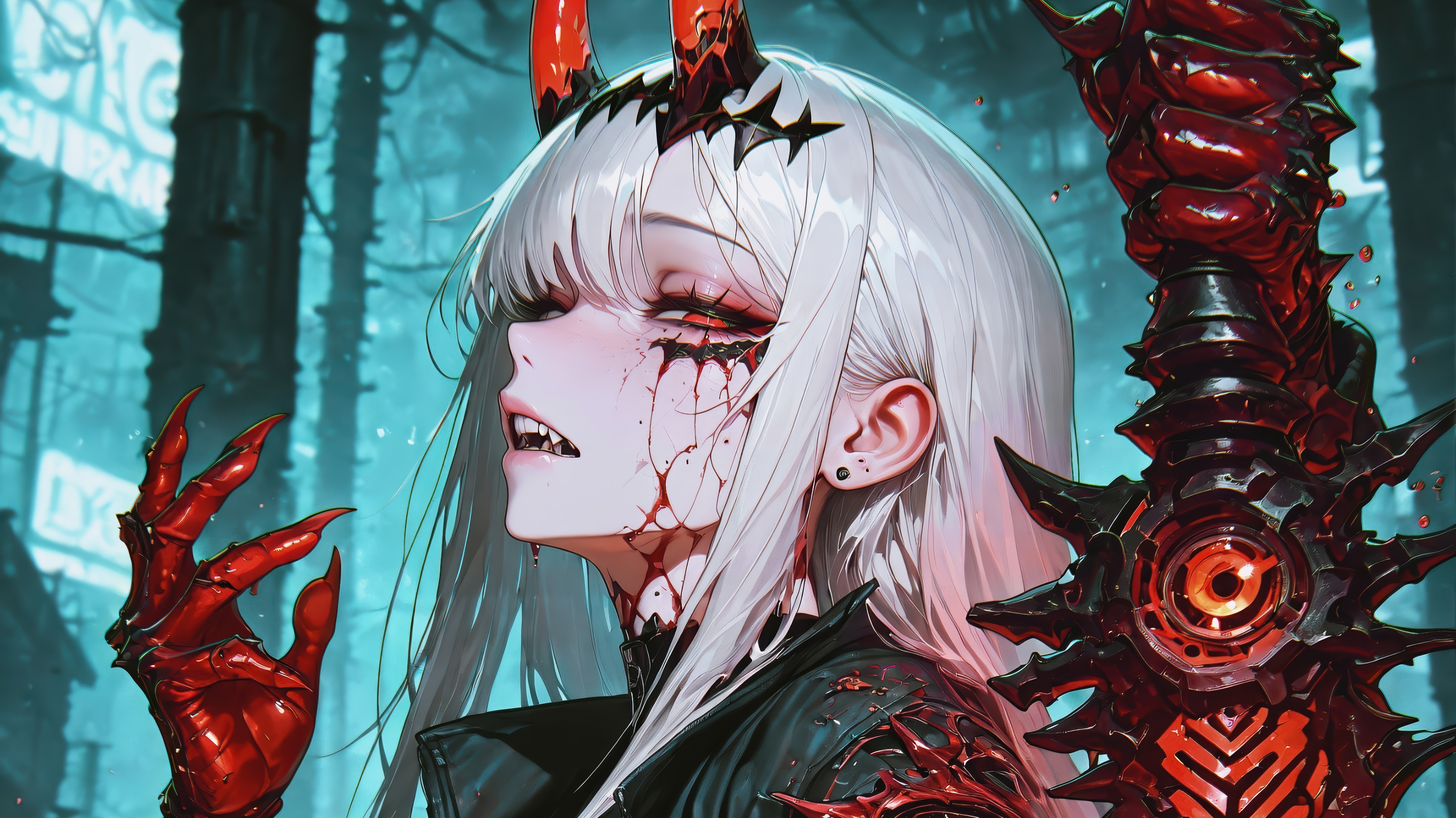 Demon Girl with White Hair and Bloody Sword 4K HD Wallpaper