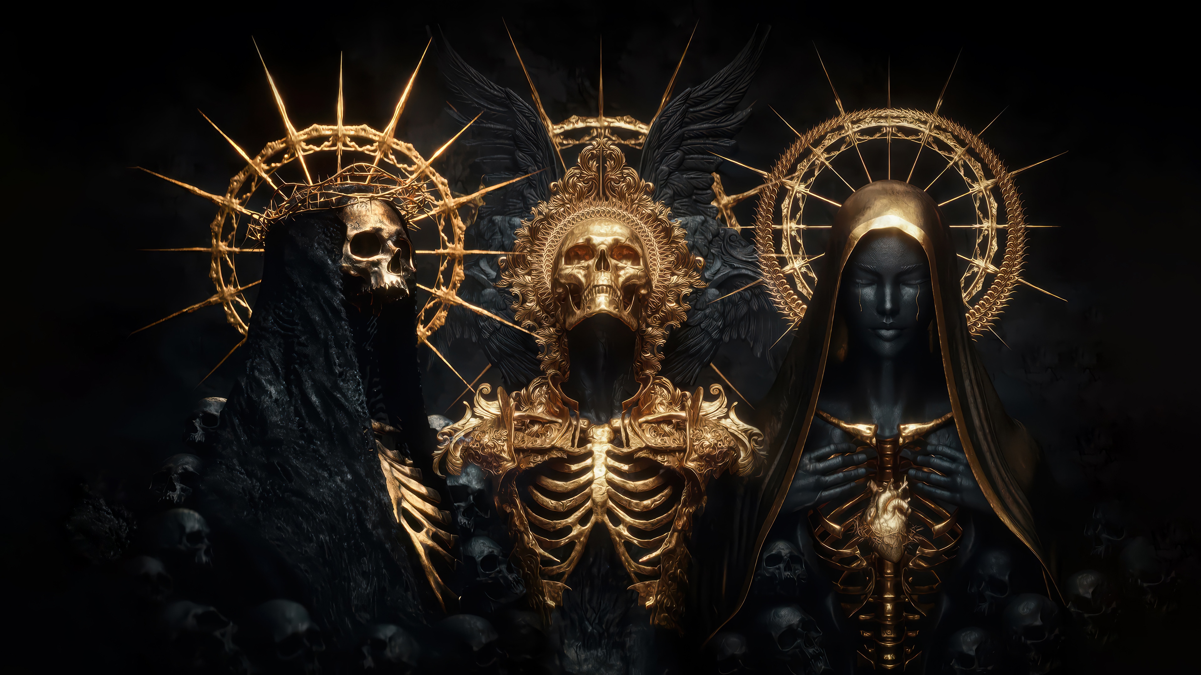 Golden Skeletons and Skulls in Dark Digital Art 4K HD Wallpaper