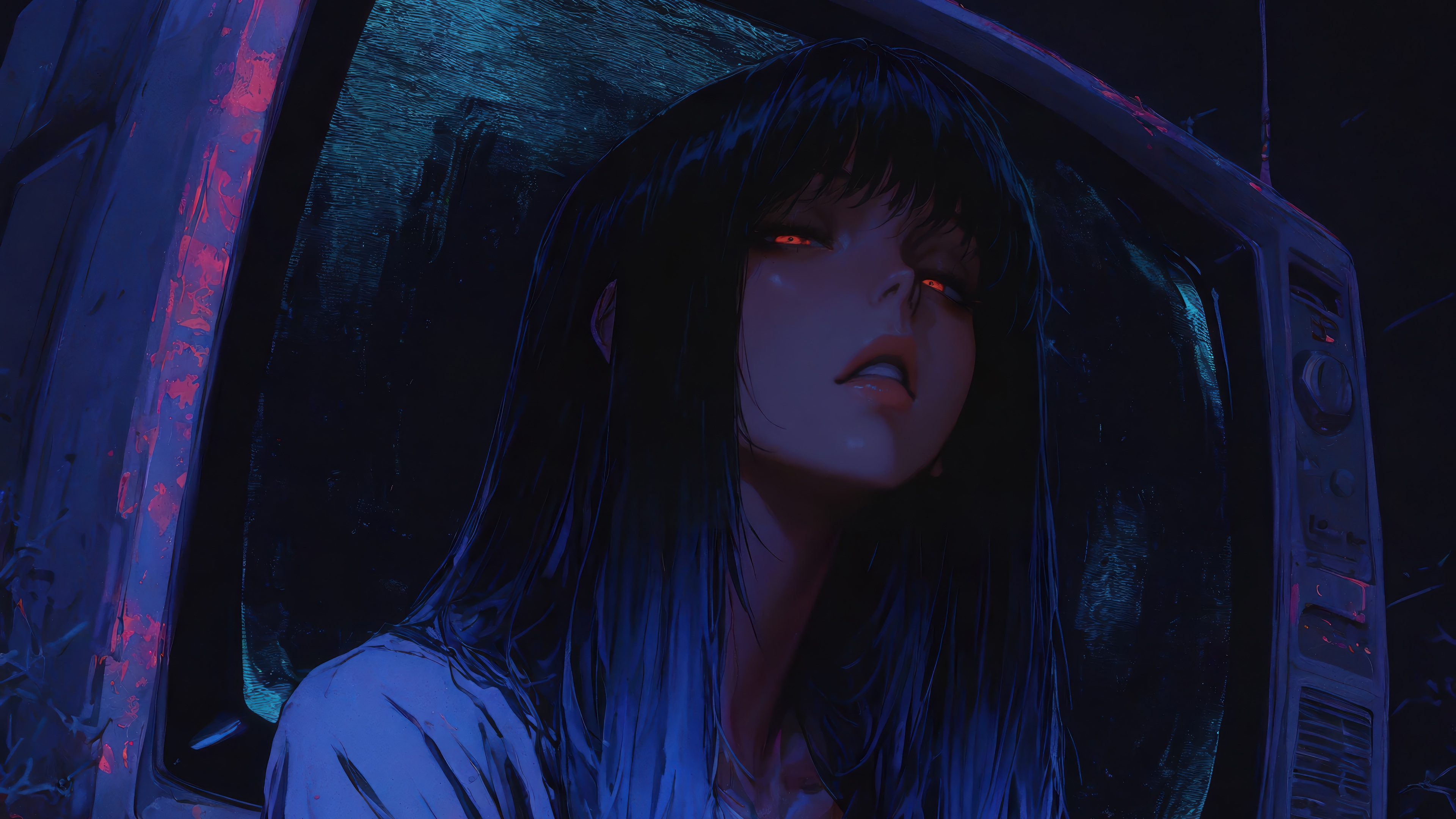 Anime Girl with Red Eyes in Front of Old TV 4K HD Wallpaper