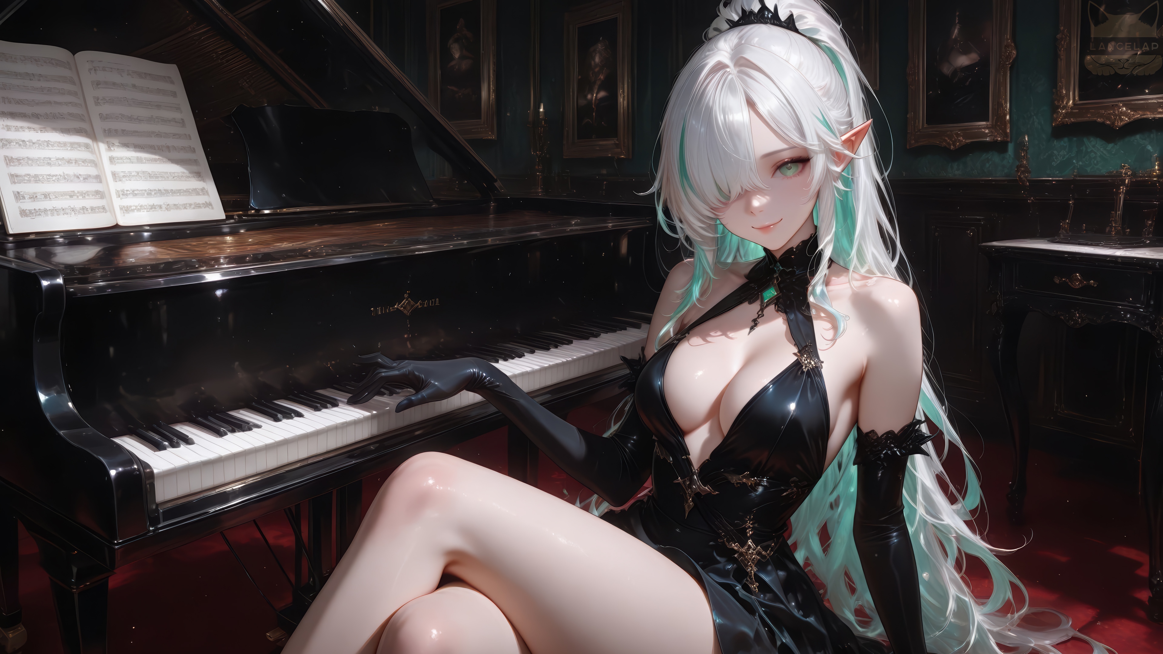 Anime Elf Girl by a Grand Piano 4K HD Wallpaper