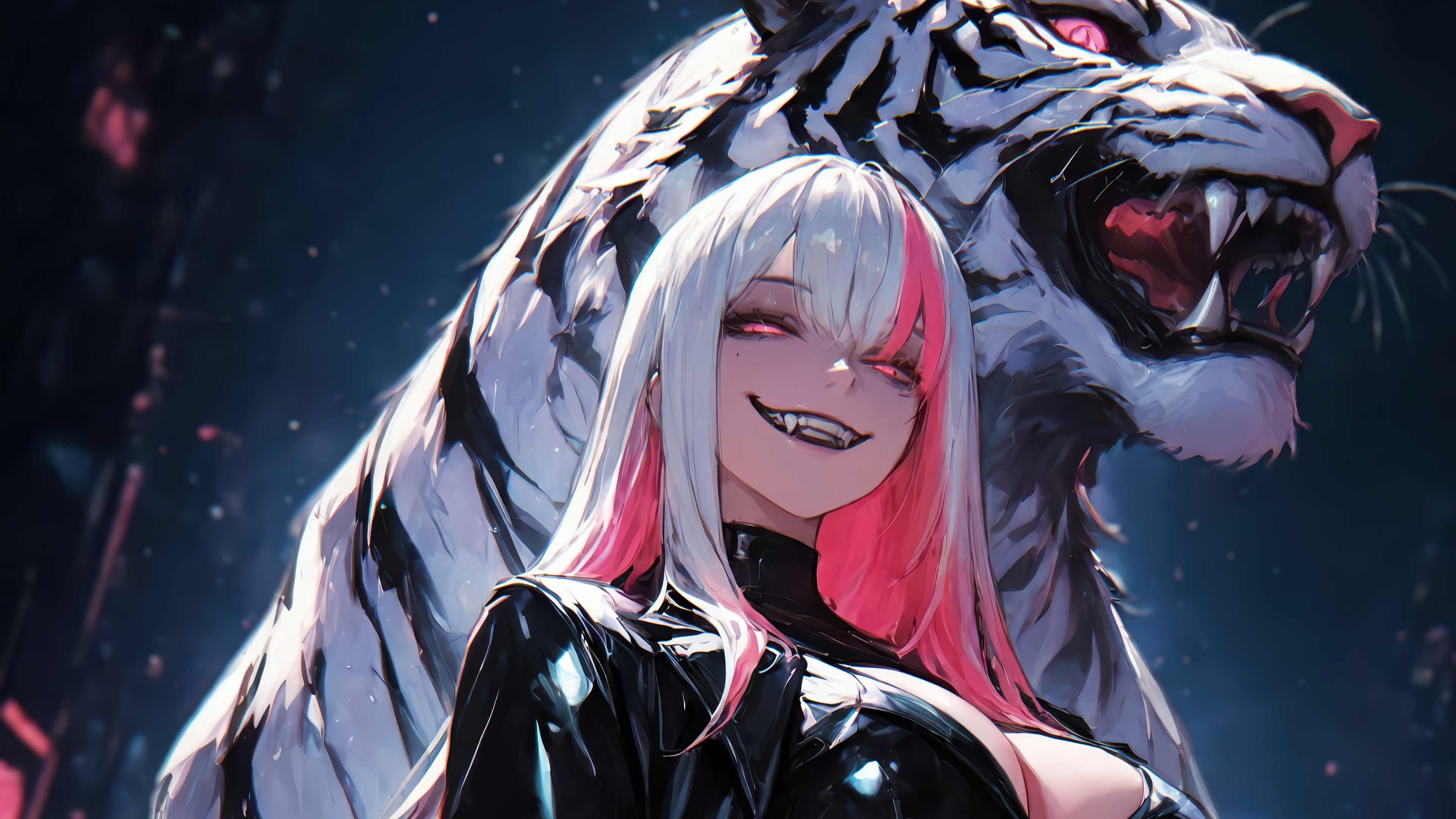 Anime Girl with White and Pink Hair and White Tiger HD Wallpaper