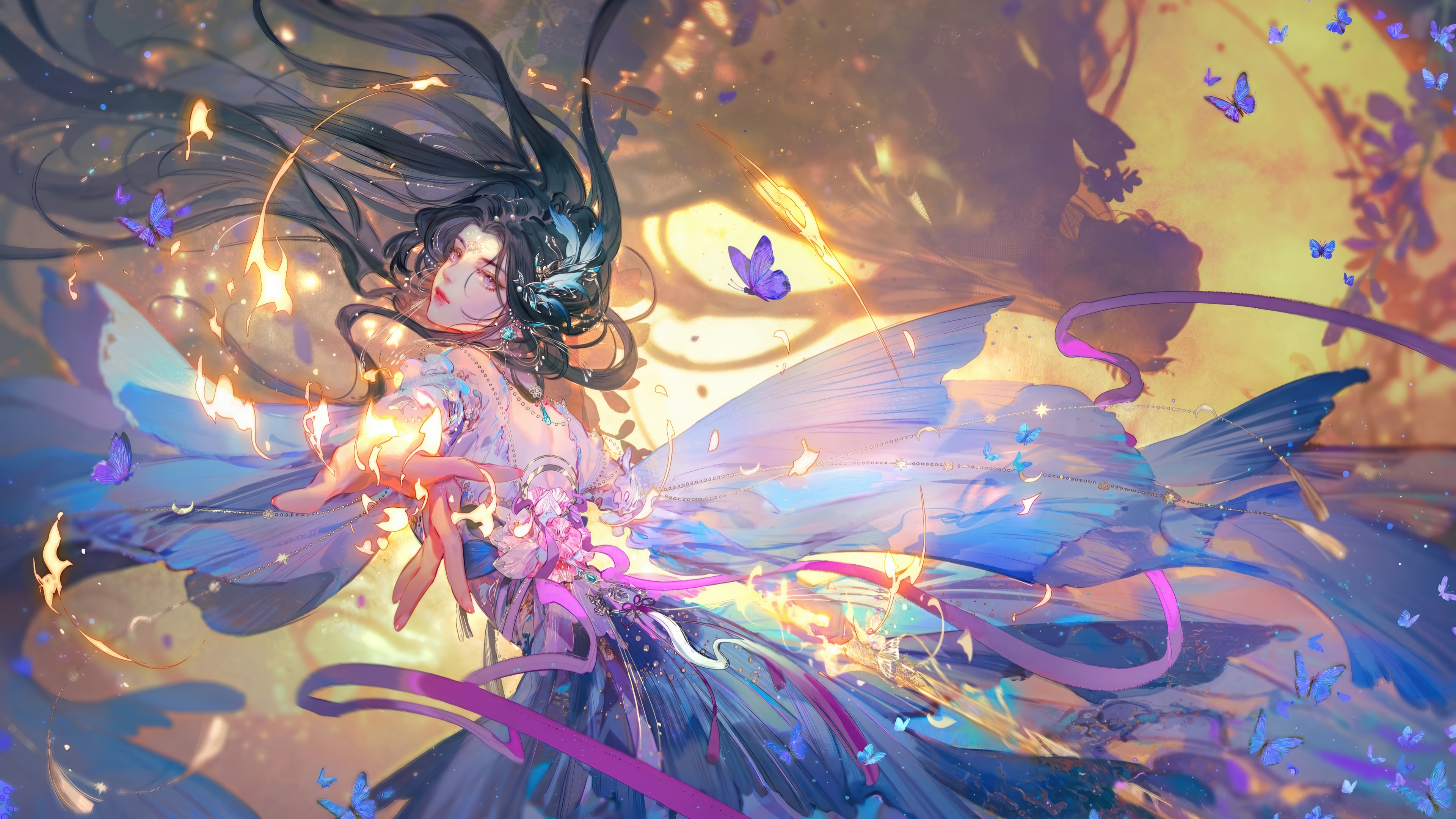 Fantasy Girl with Butterflies and Fire HD Wallpaper