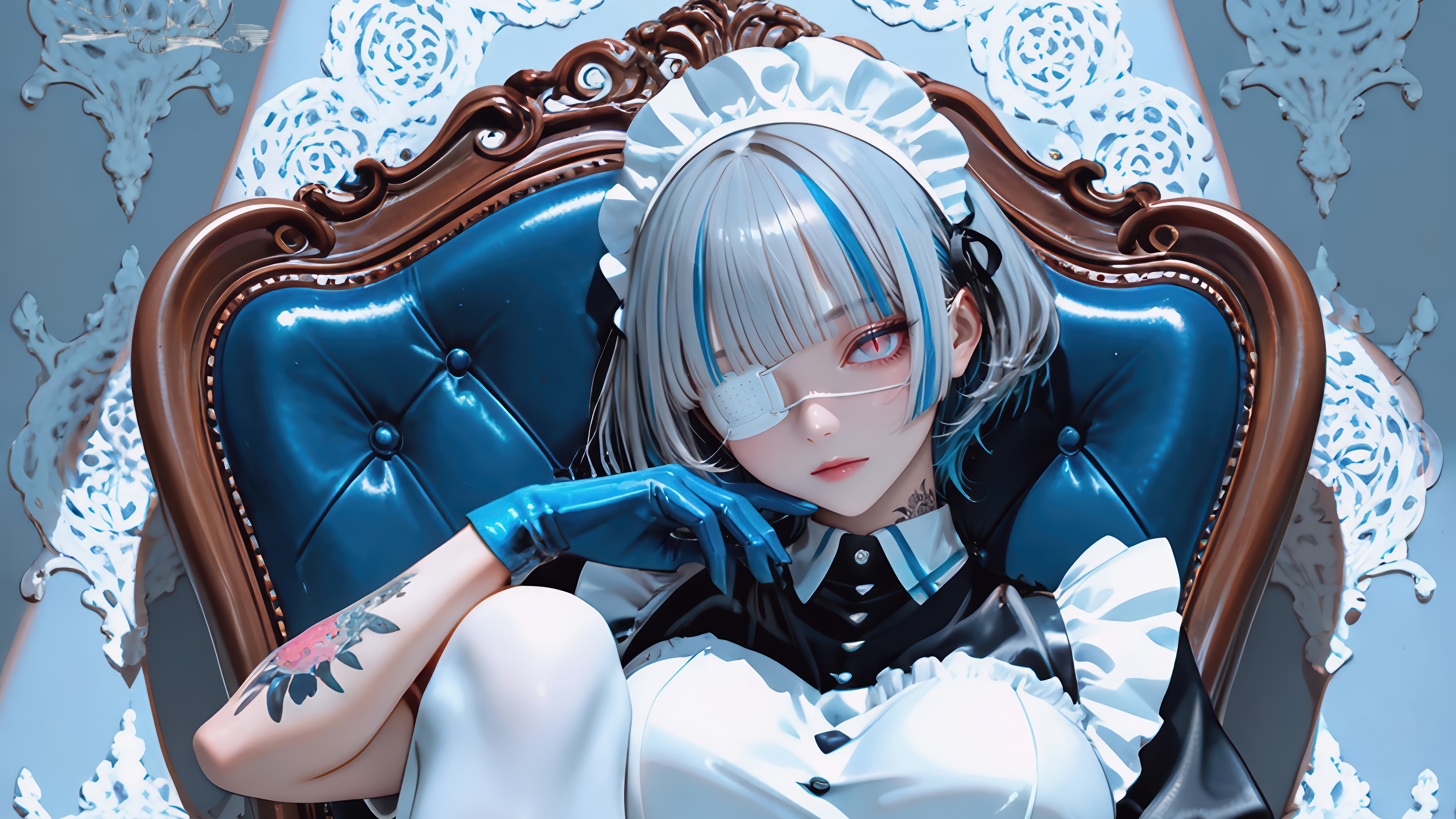 Anime Maid Girl with Eyepatch and Tattoos 4K HD Wallpaper