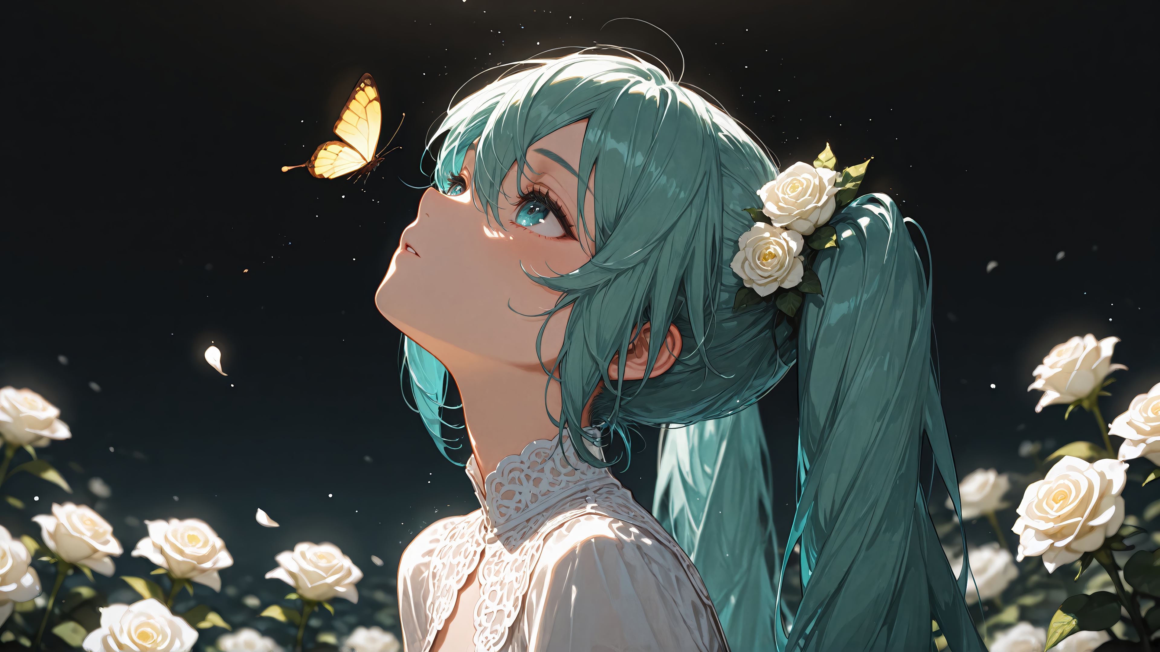 Hatsune Miku with Butterfly and White Roses 4K HD Wallpaper