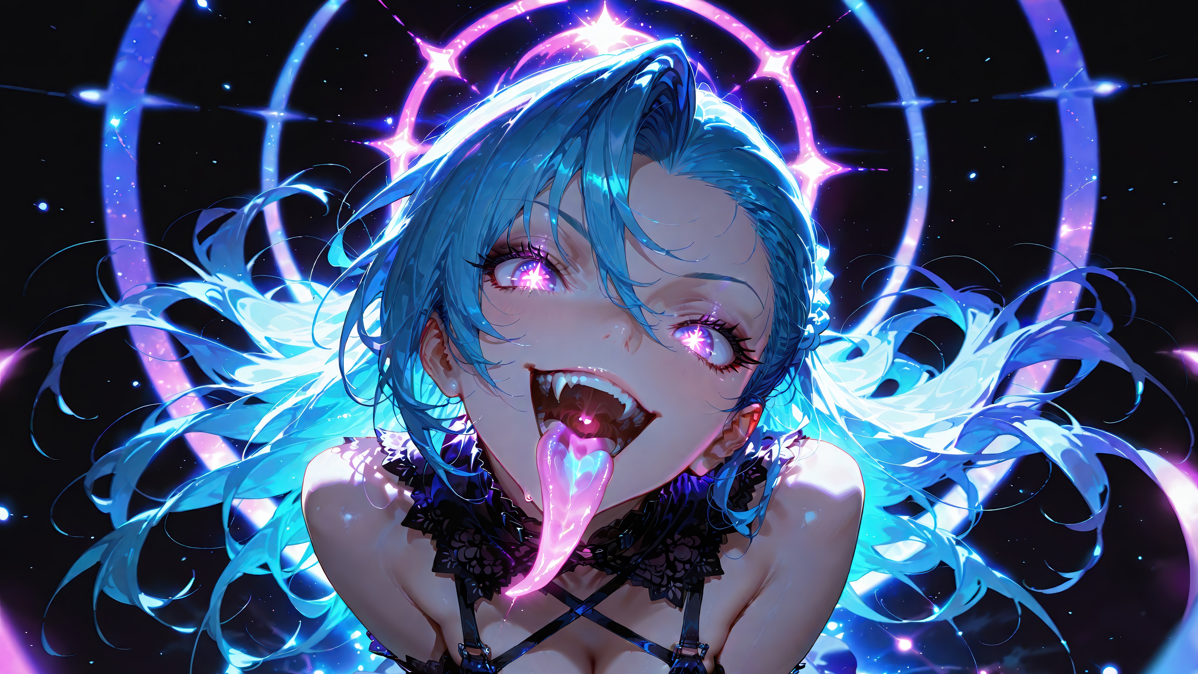 Anime Girl with Blue Hair, Fangs, Tongue Out 4K HD Wallpaper