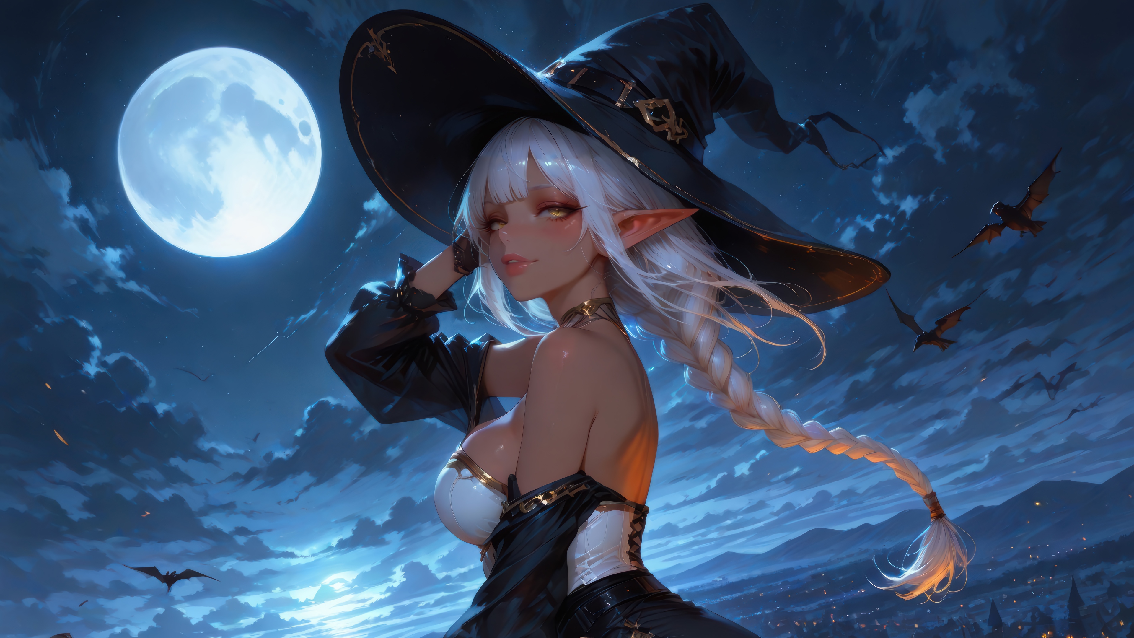 Anime Witch Elf Girl Under the Moon 4K HD Wallpaper