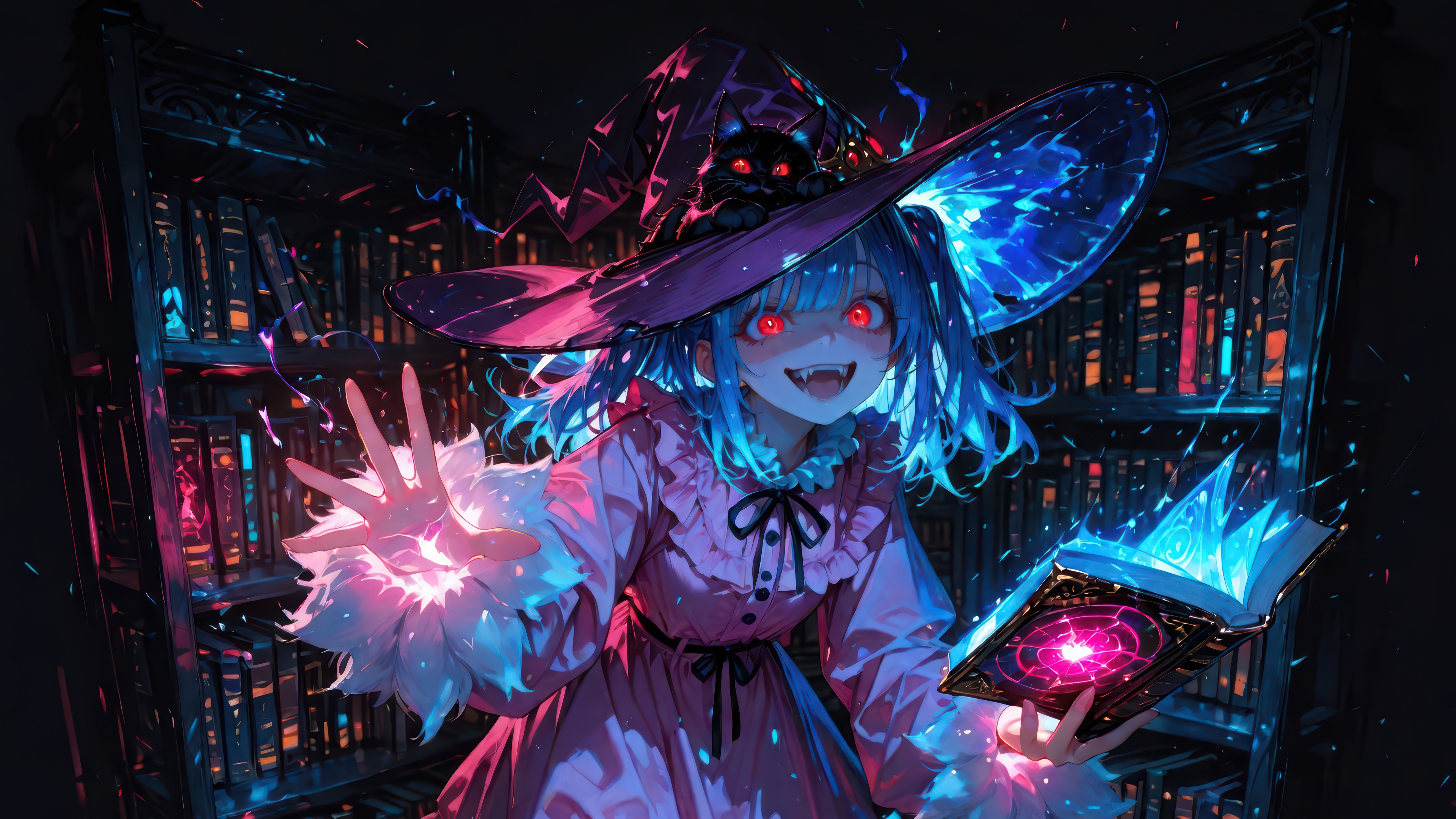 Anime Witch with Red Eyes and Magic Book 4K HD Wallpaper