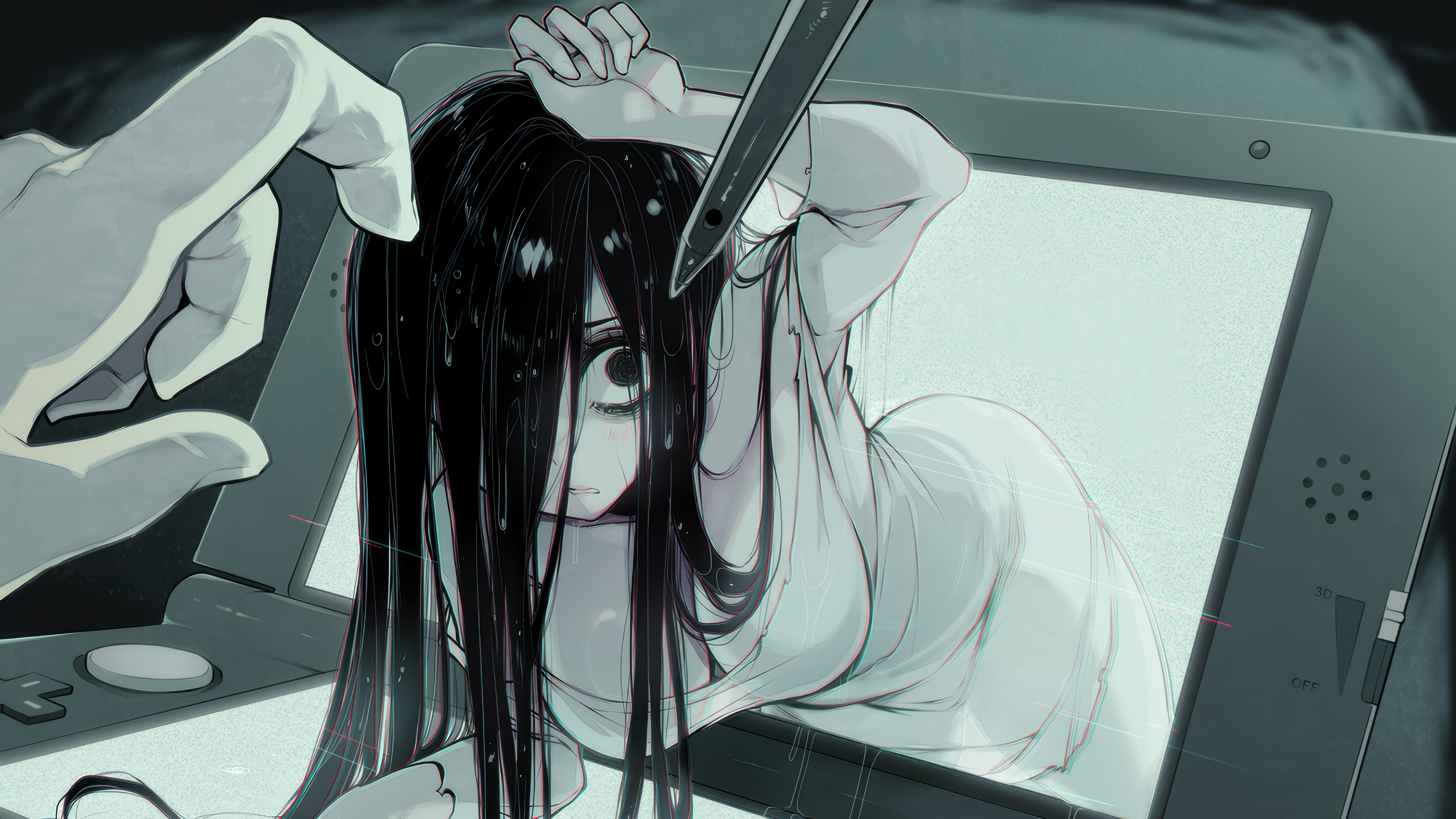 Sadako emerging from a Nintendo 3DS HD Wallpaper