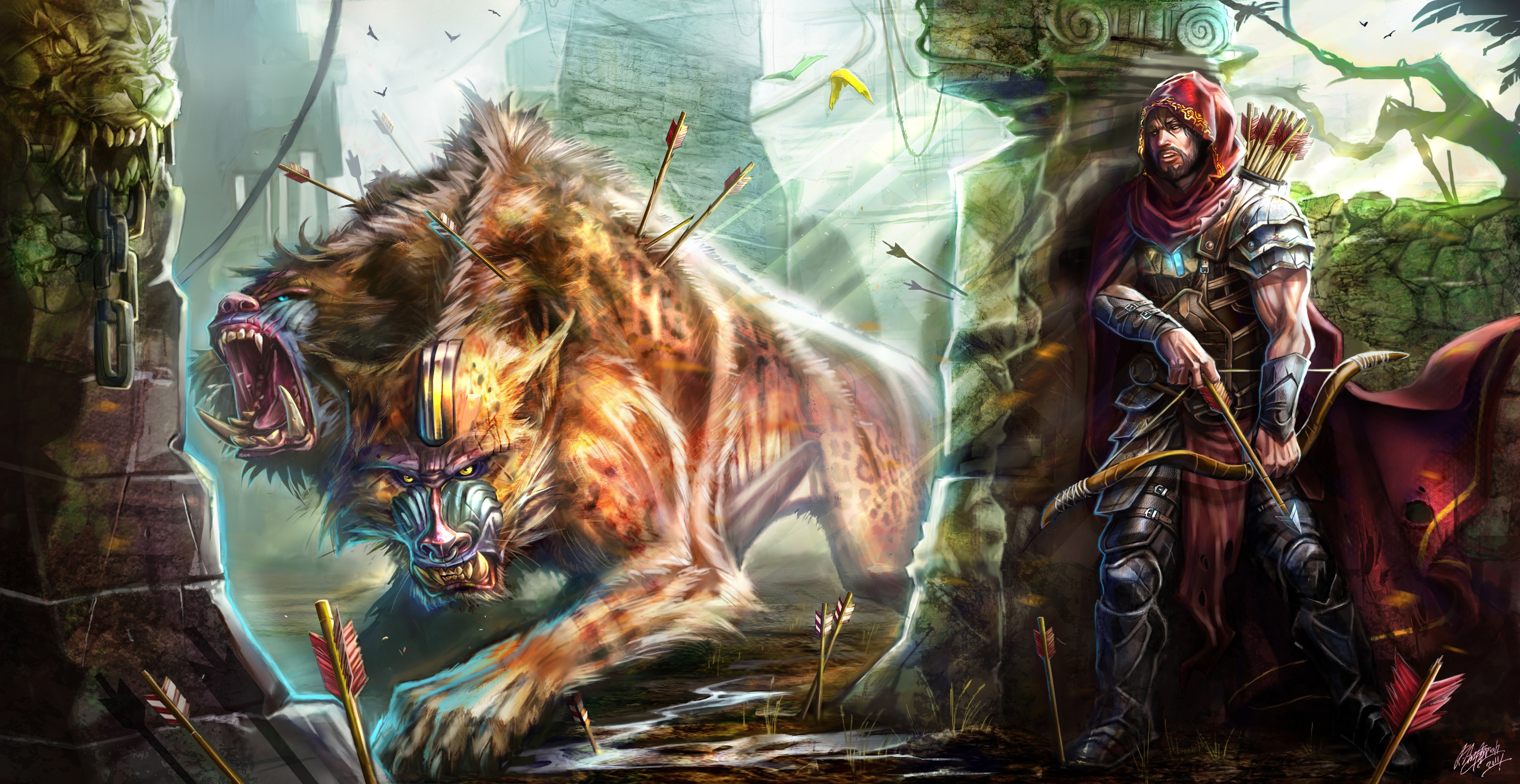Warrior fighting a two-headed baboon-like creature HD Wallpaper