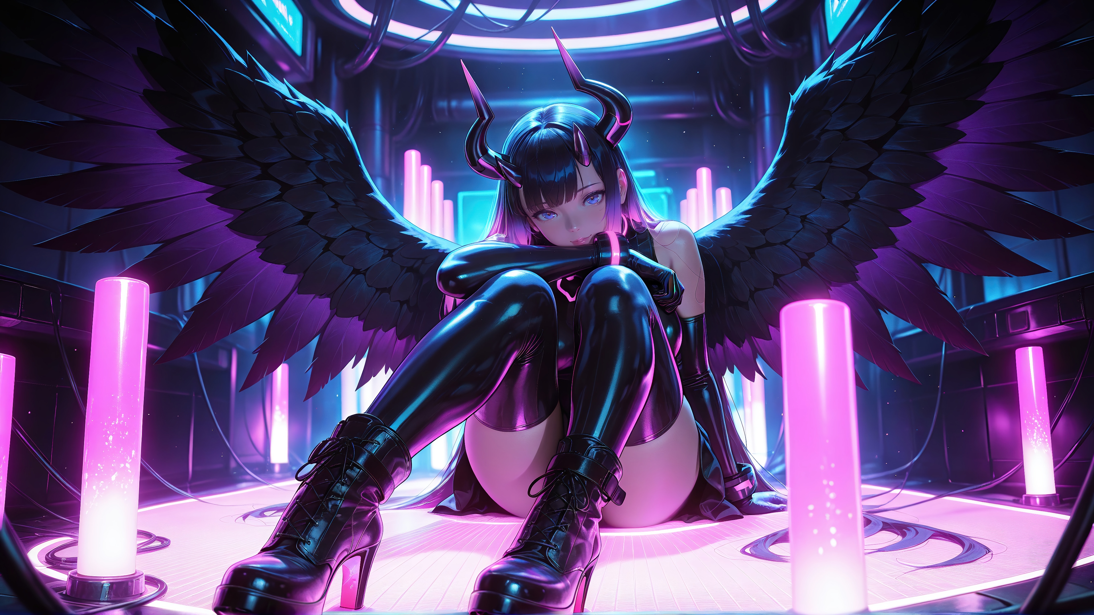Anime Devil Girl with Black Wings and Horns 4K HD Wallpaper