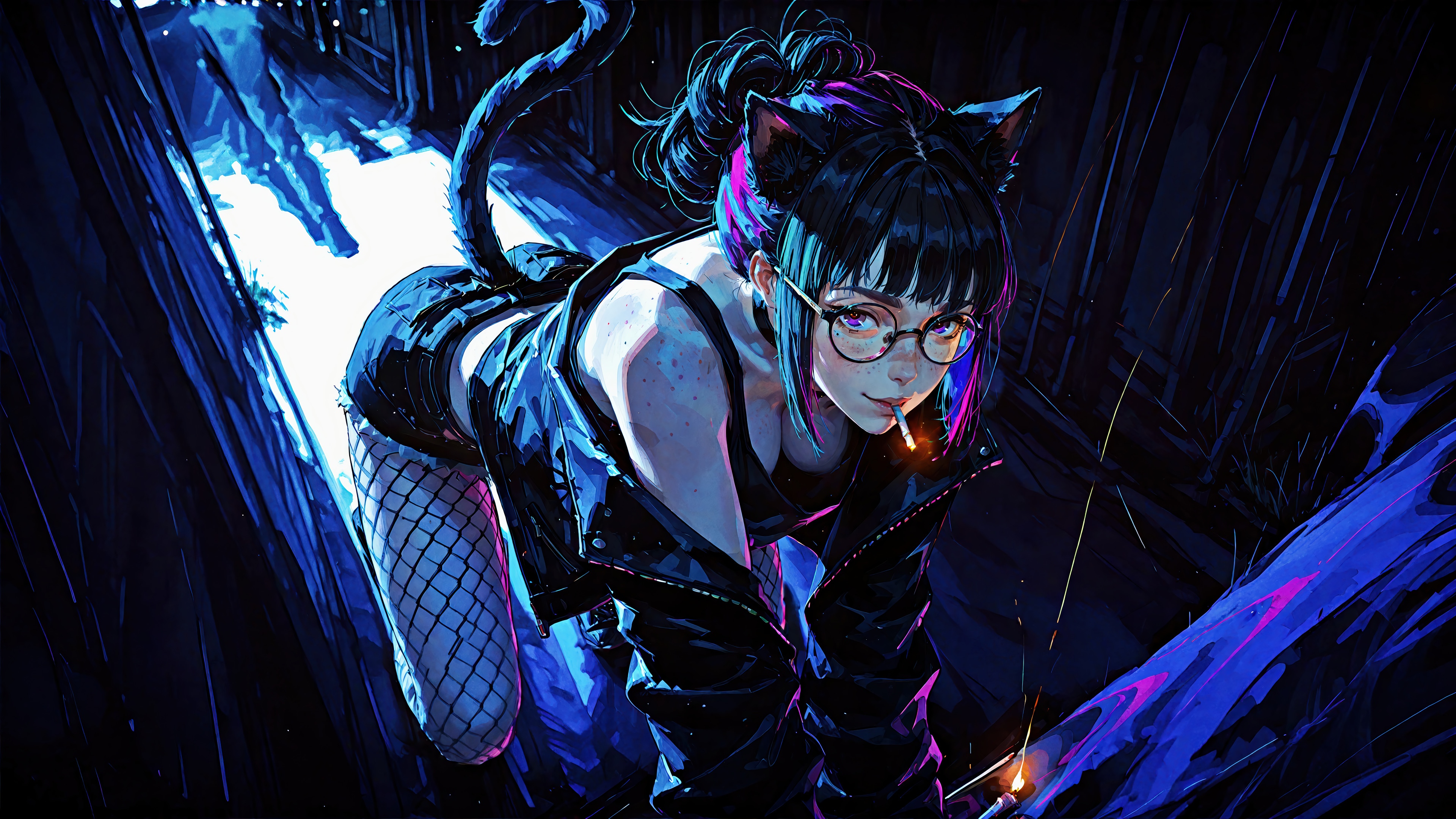 Anime Cat Girl Smoking in Alley 4K HD Wallpaper