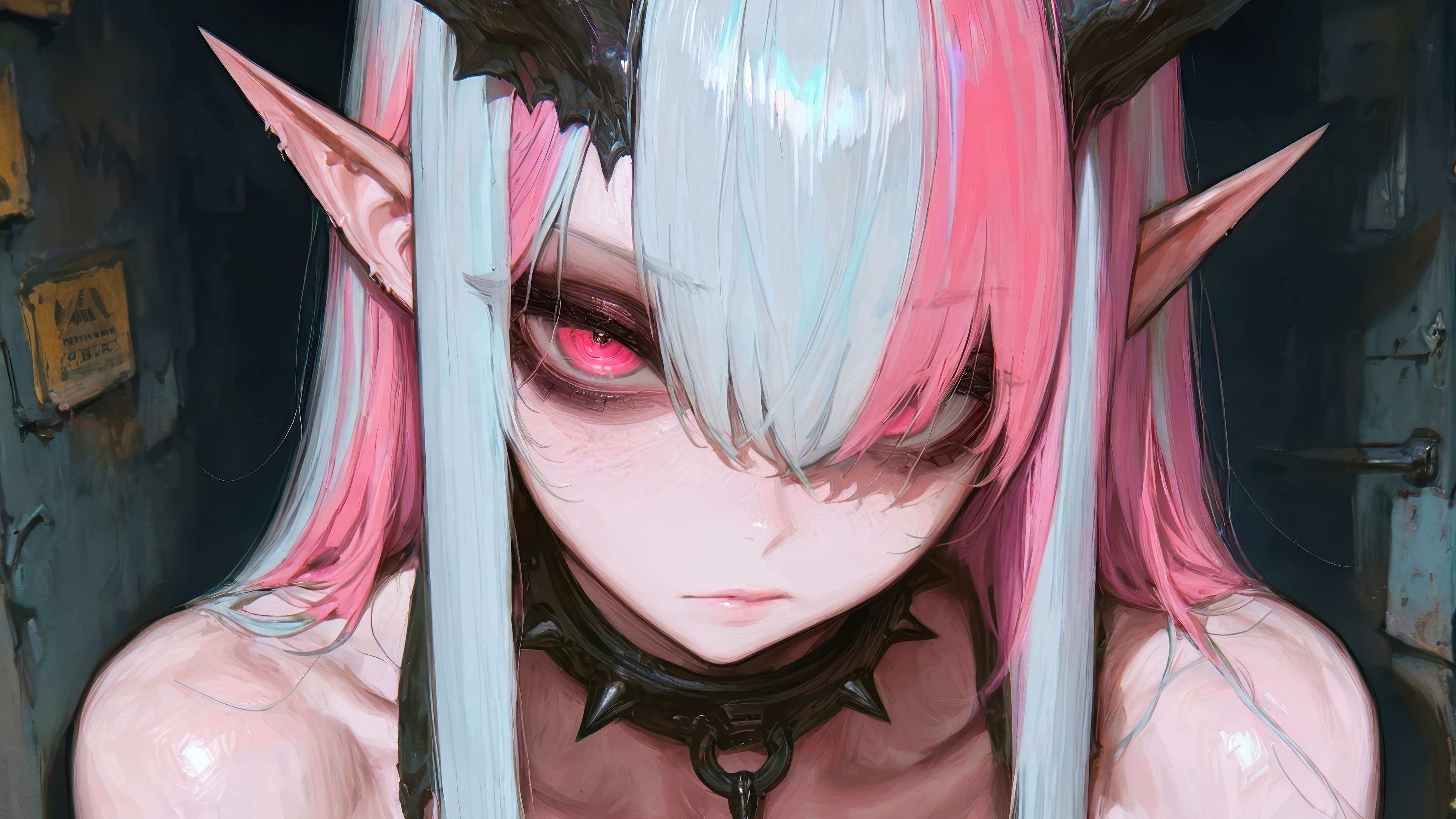 Anime Demon Girl with Pink and White Hair 4K HD Wallpaper