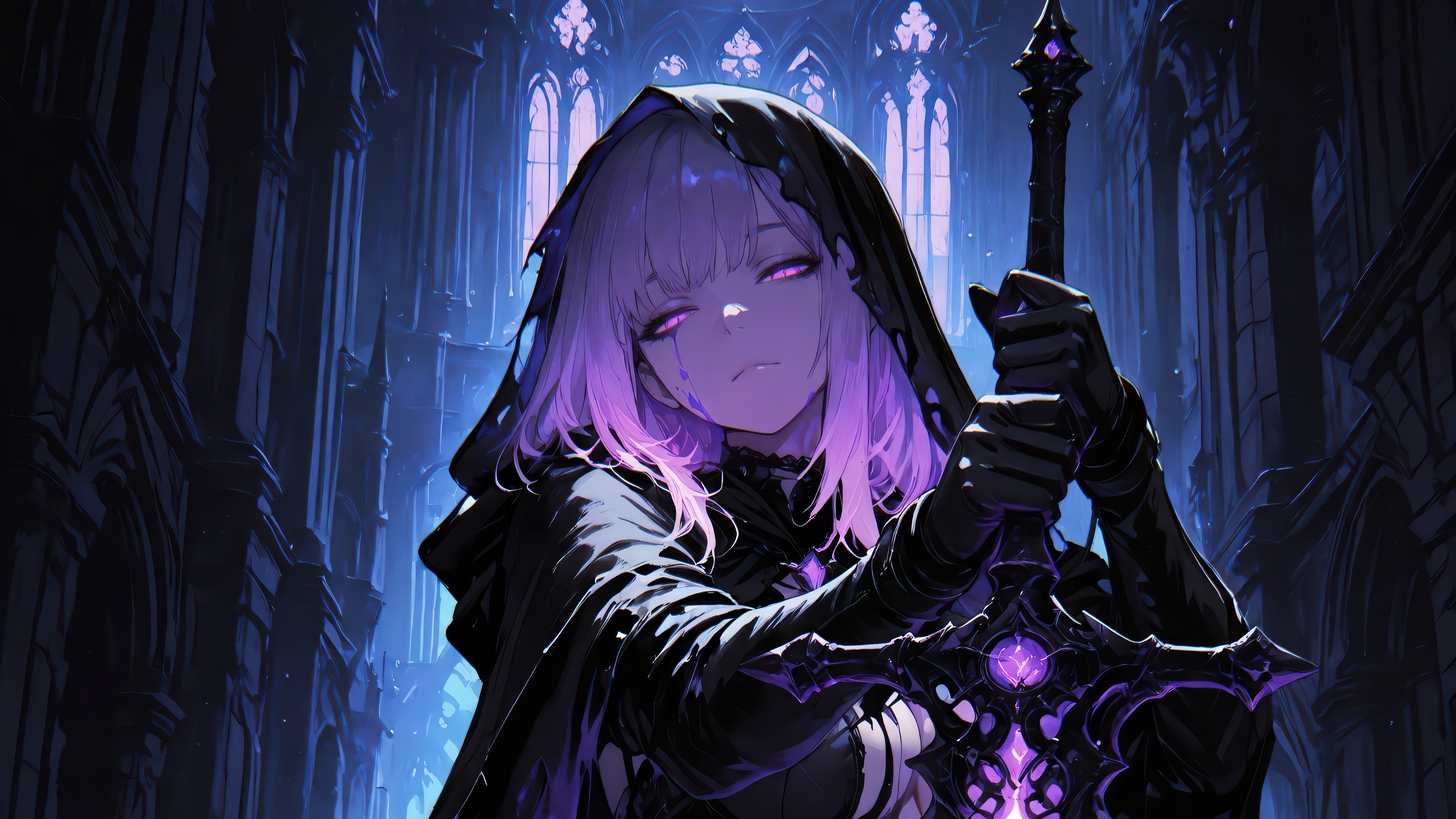 Anime Girl with Purple Eyes and Sword in Gothic Hall HD Wallpaper
