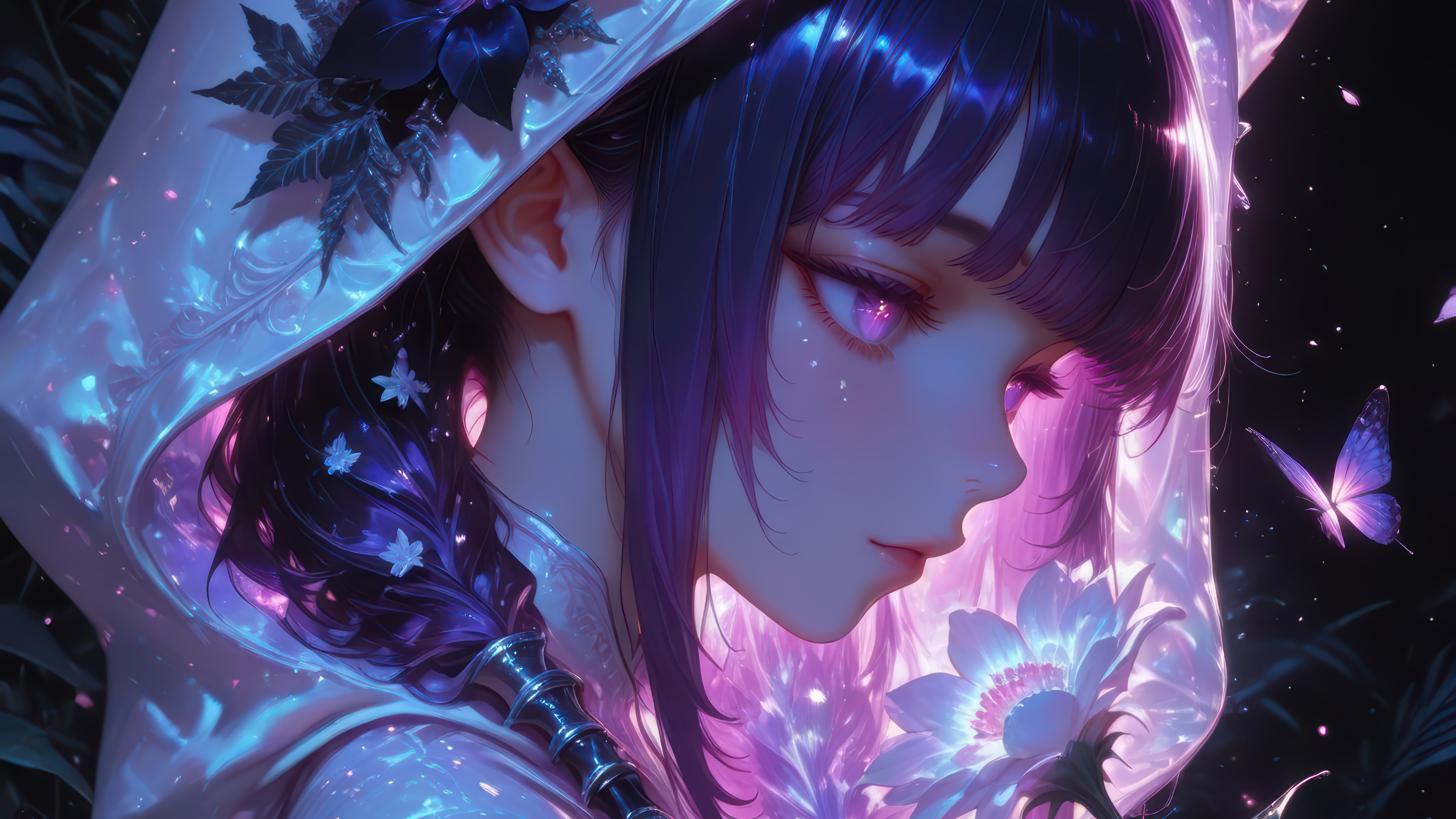 Anime Girl with Purple Hair and Butterflies 4K HD Wallpaper