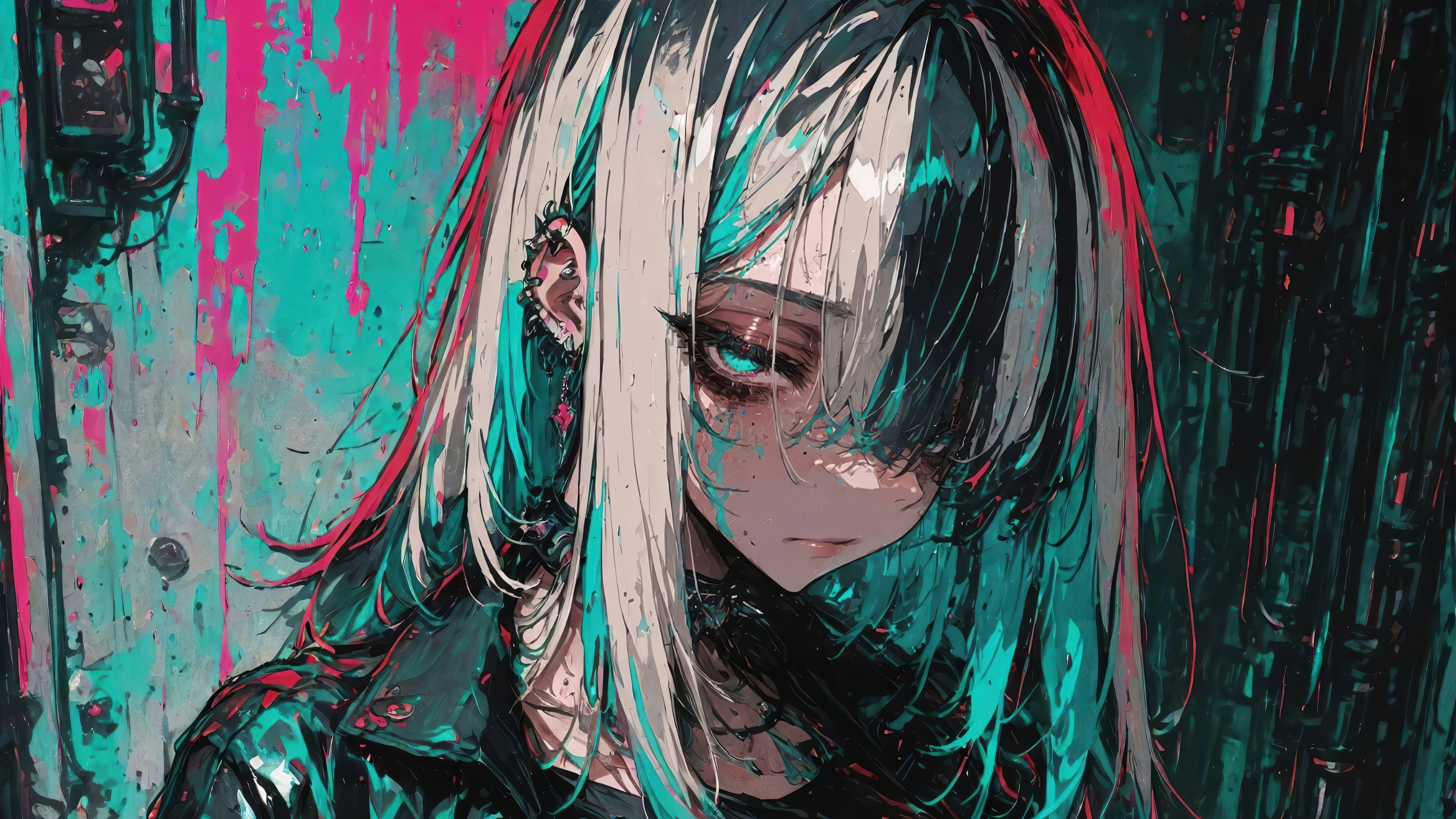 Anime Girl with White and Teal Hair in 4K HD Wallpaper