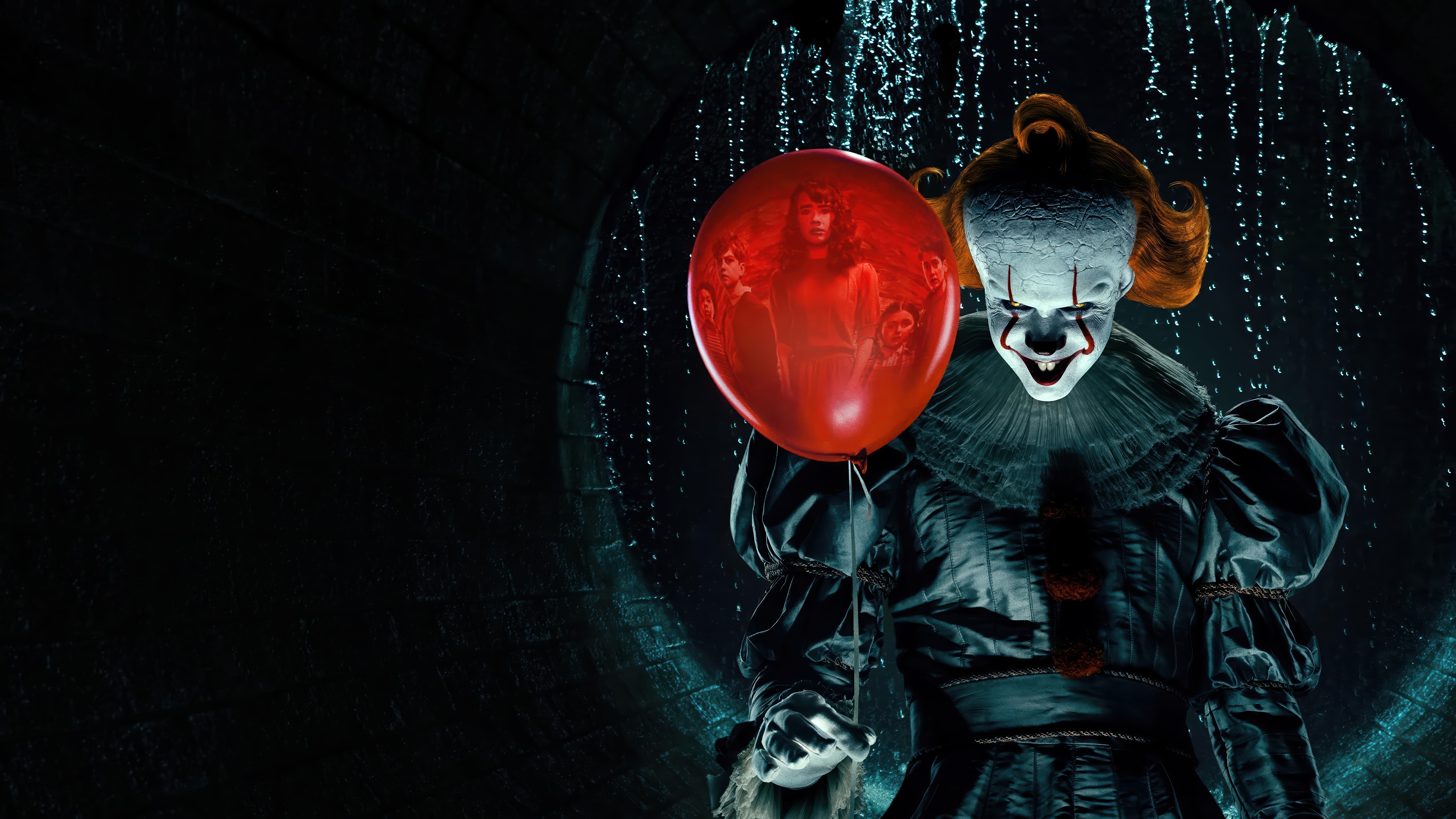 Pennywise holding a red balloon with faces reflected in it, 4K HD Wallpaper