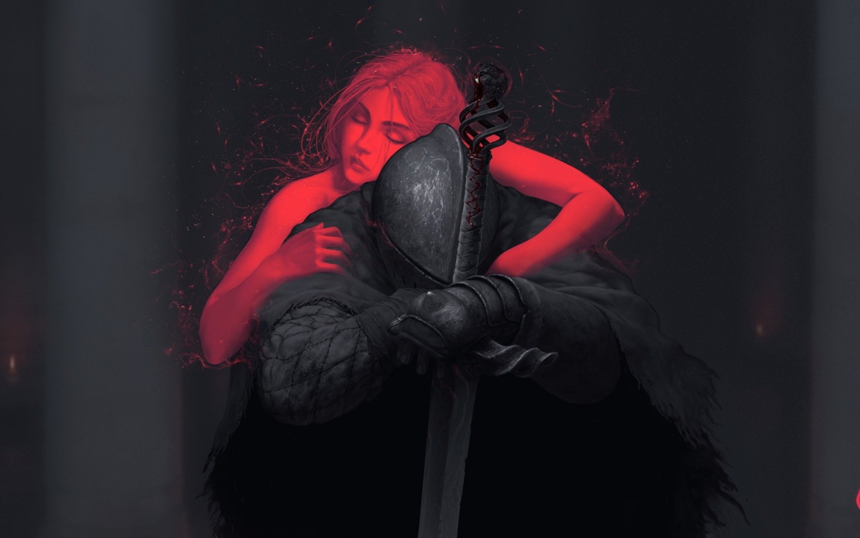 Woman embracing knight with sword, Dark Souls II artwork HD Wallpaper