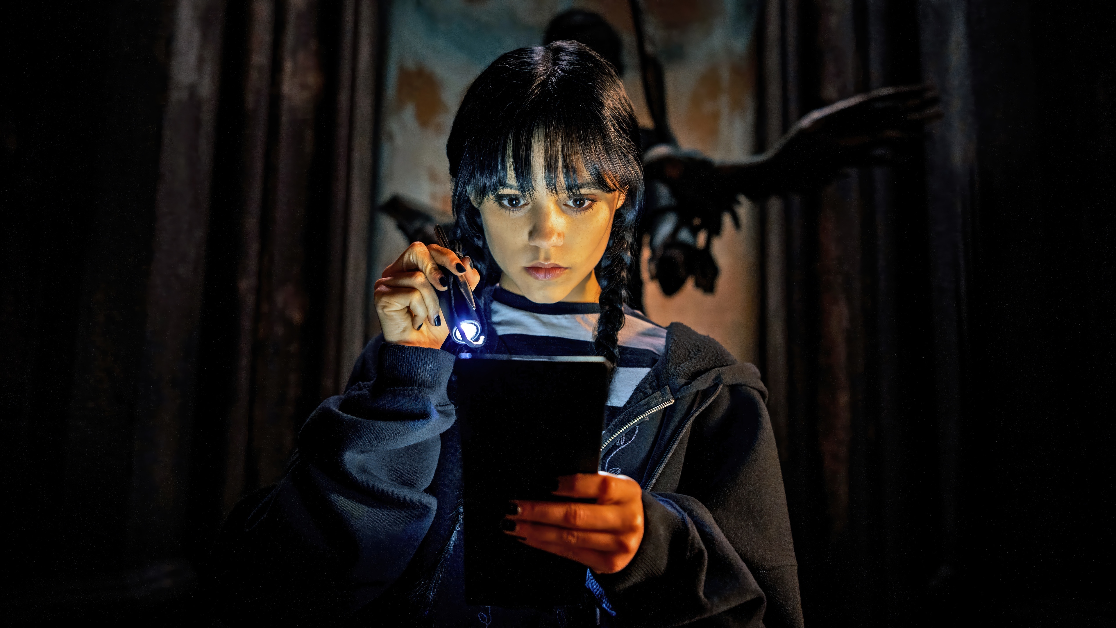Wednesday Addams with a Flashlight HD Wallpaper