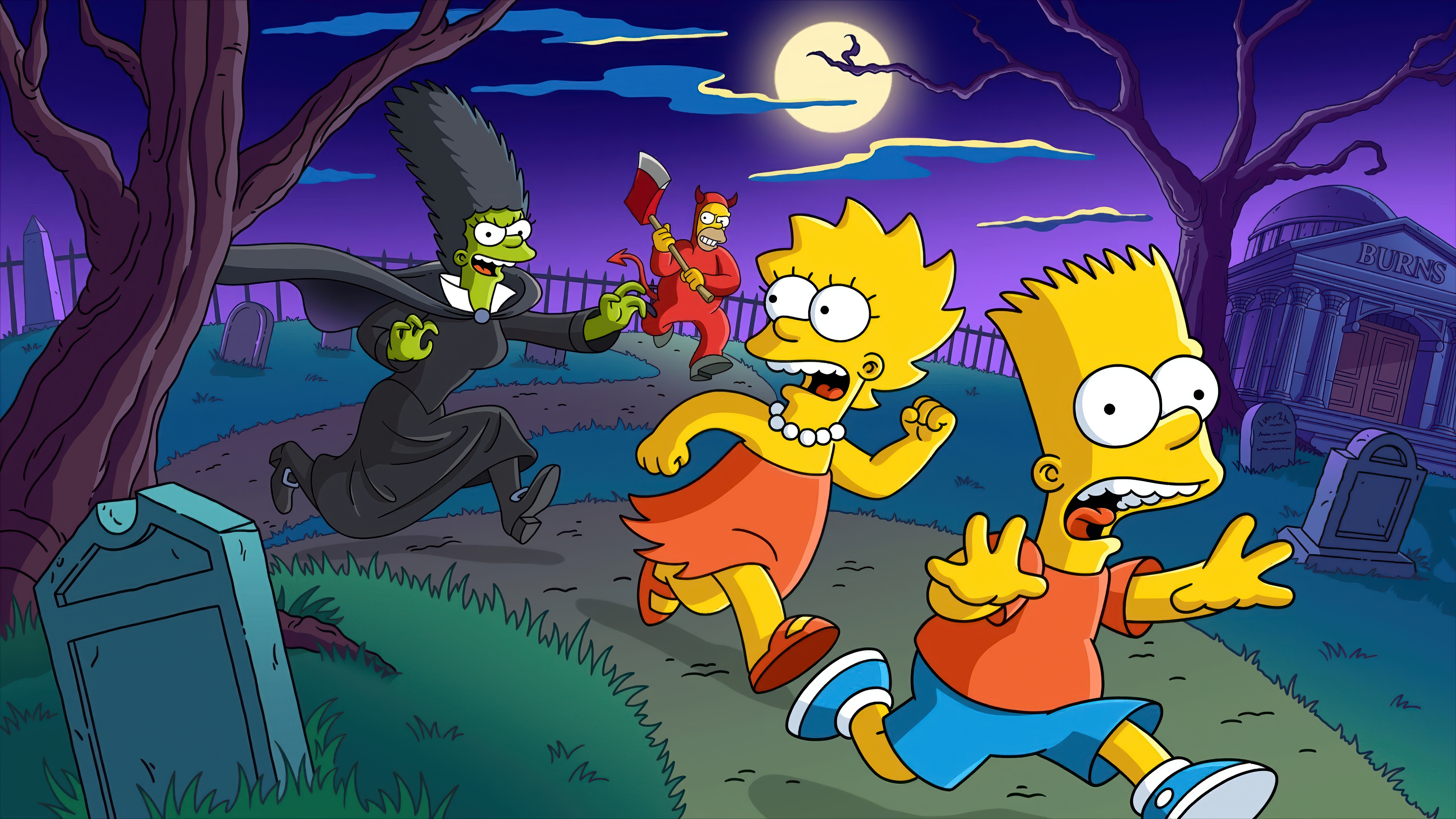 The Simpsons characters running from a witch and devil in a graveyard HD Wallpaper