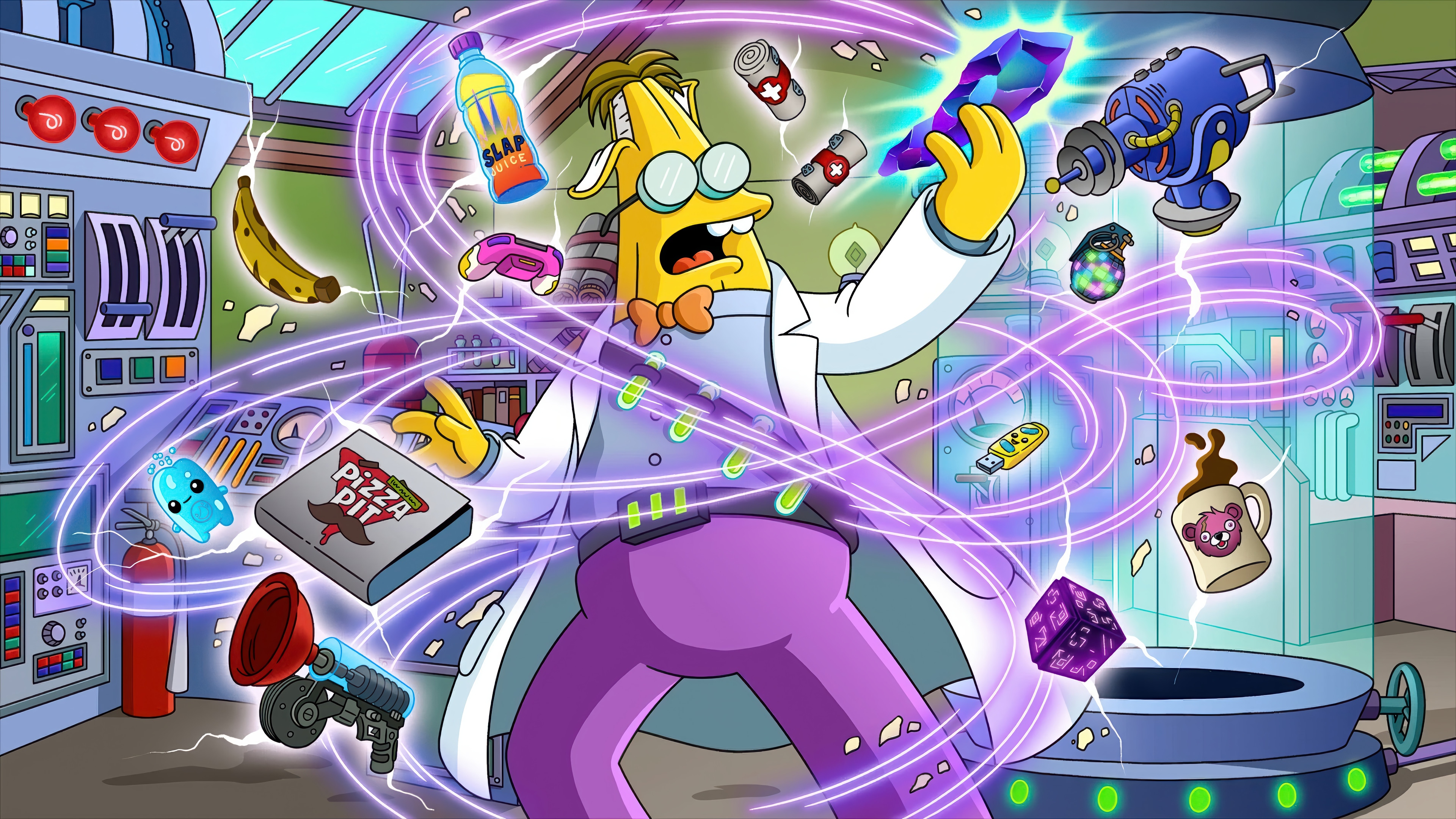 The Simpsons Professor with Fortnite items in a lab HD Wallpaper