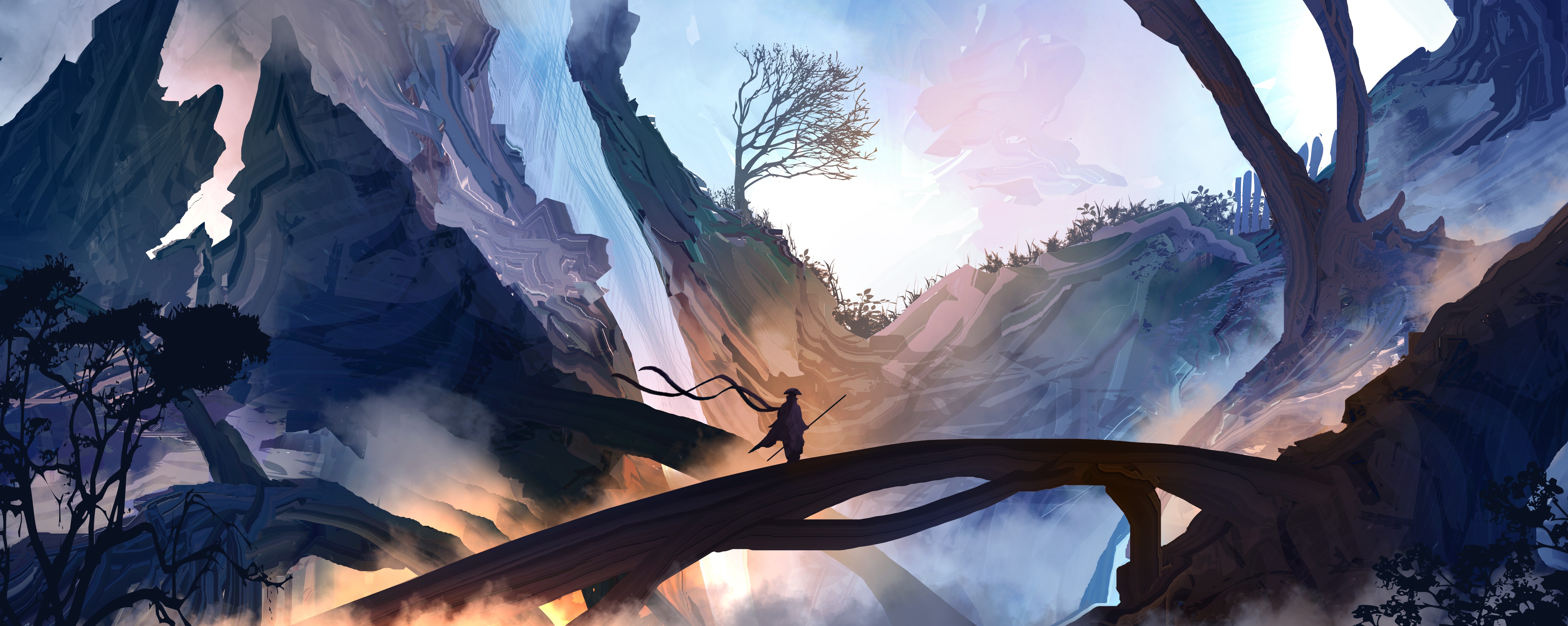 Samurai on a bridge in a fantasy mountain landscape HD Wallpaper