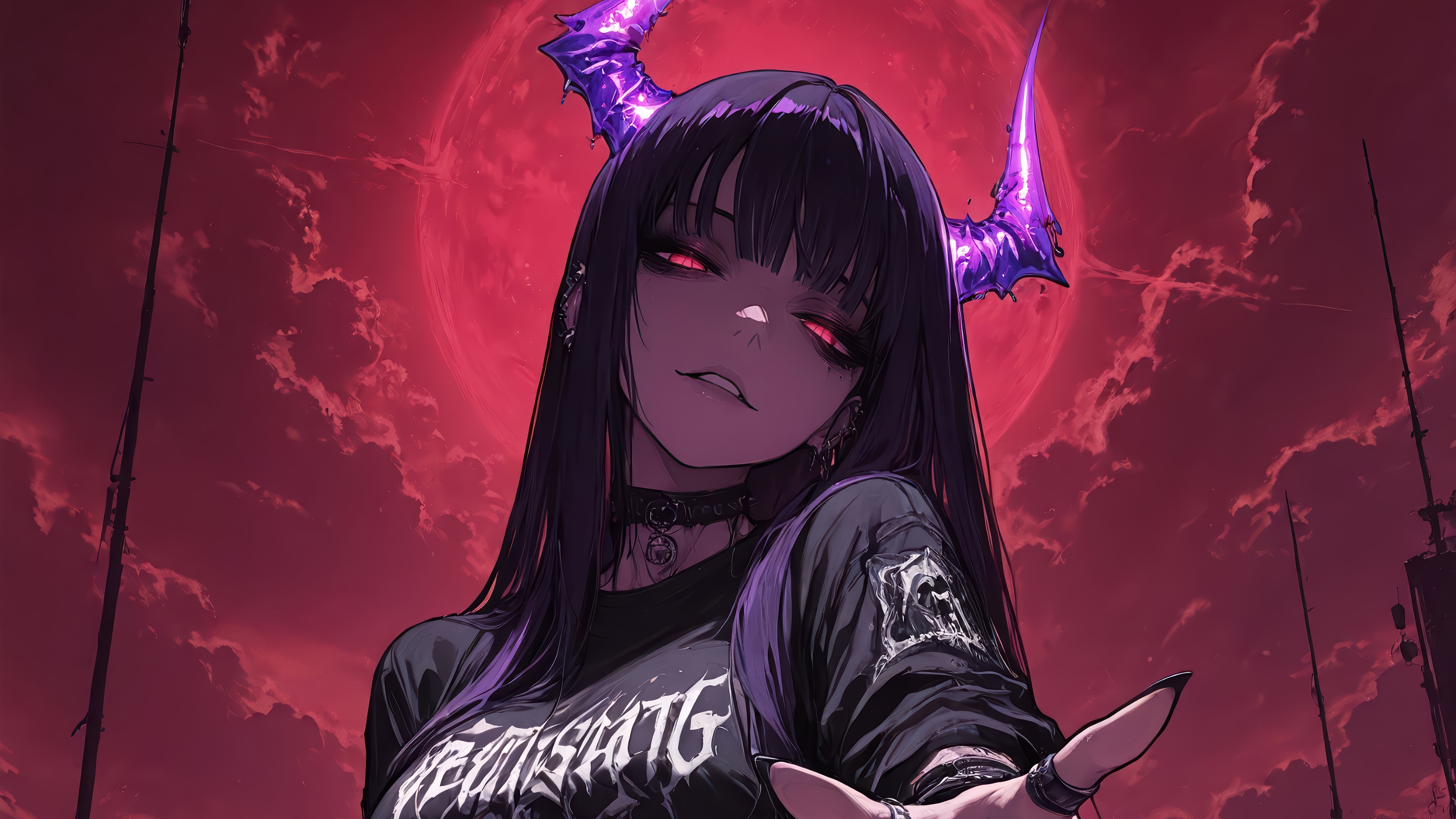 Anime Demon Girl with Red Eyes and Purple Horns 4K HD Wallpaper