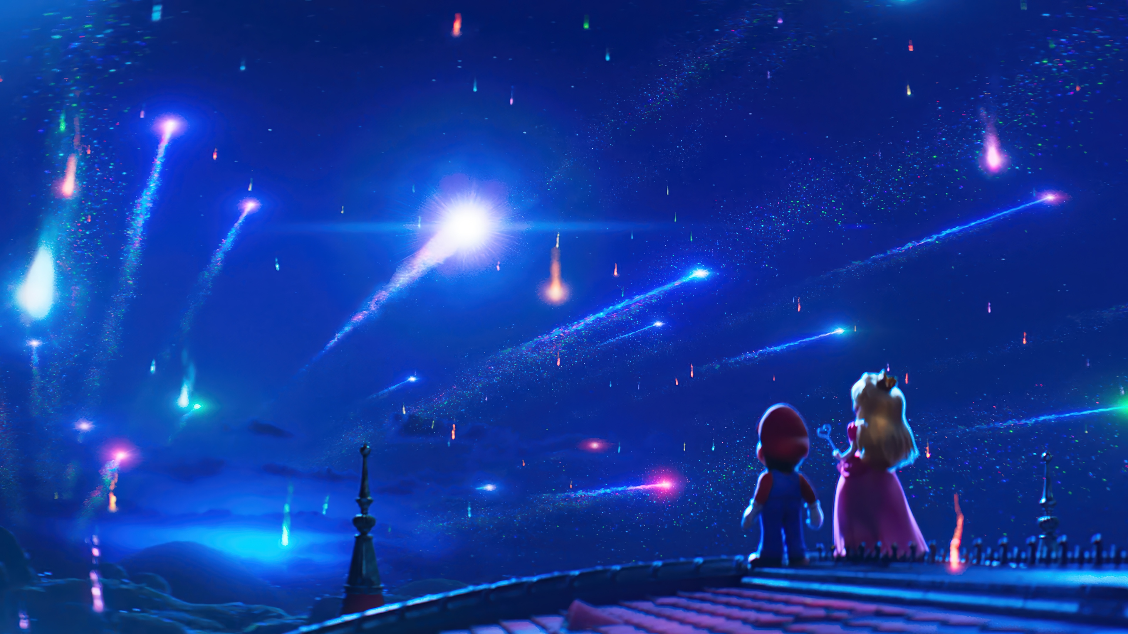 Mario and Princess Peach watch a meteor shower in 4K HD Wallpaper