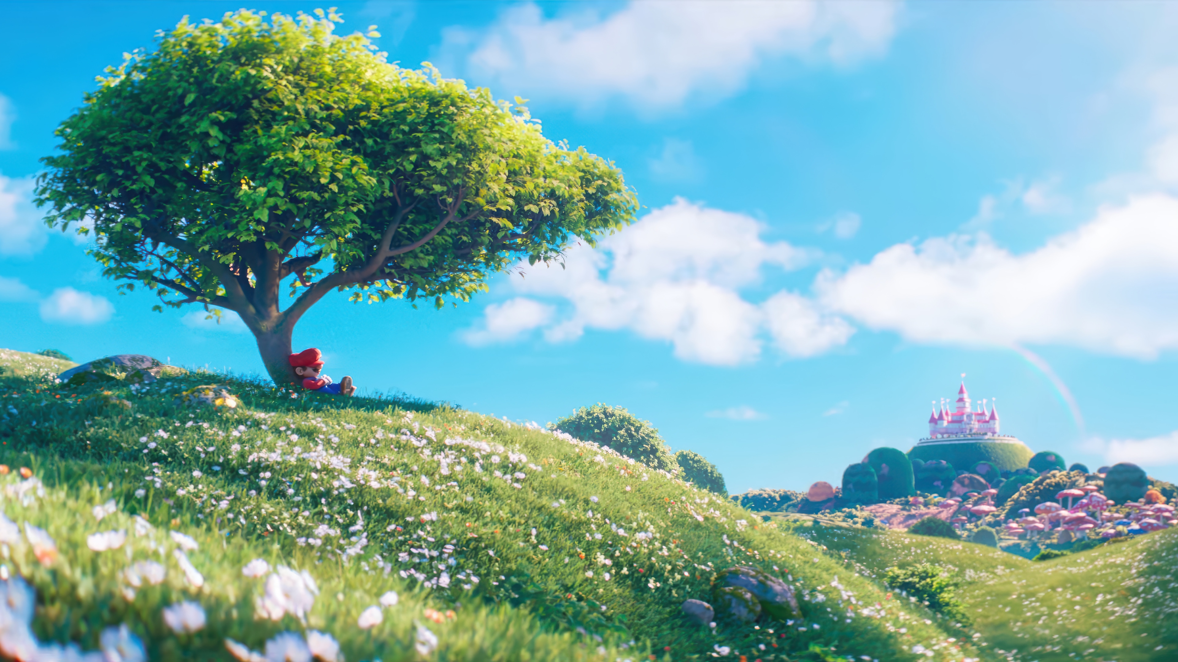 Mario resting under a tree with a castle in the distance HD Wallpaper