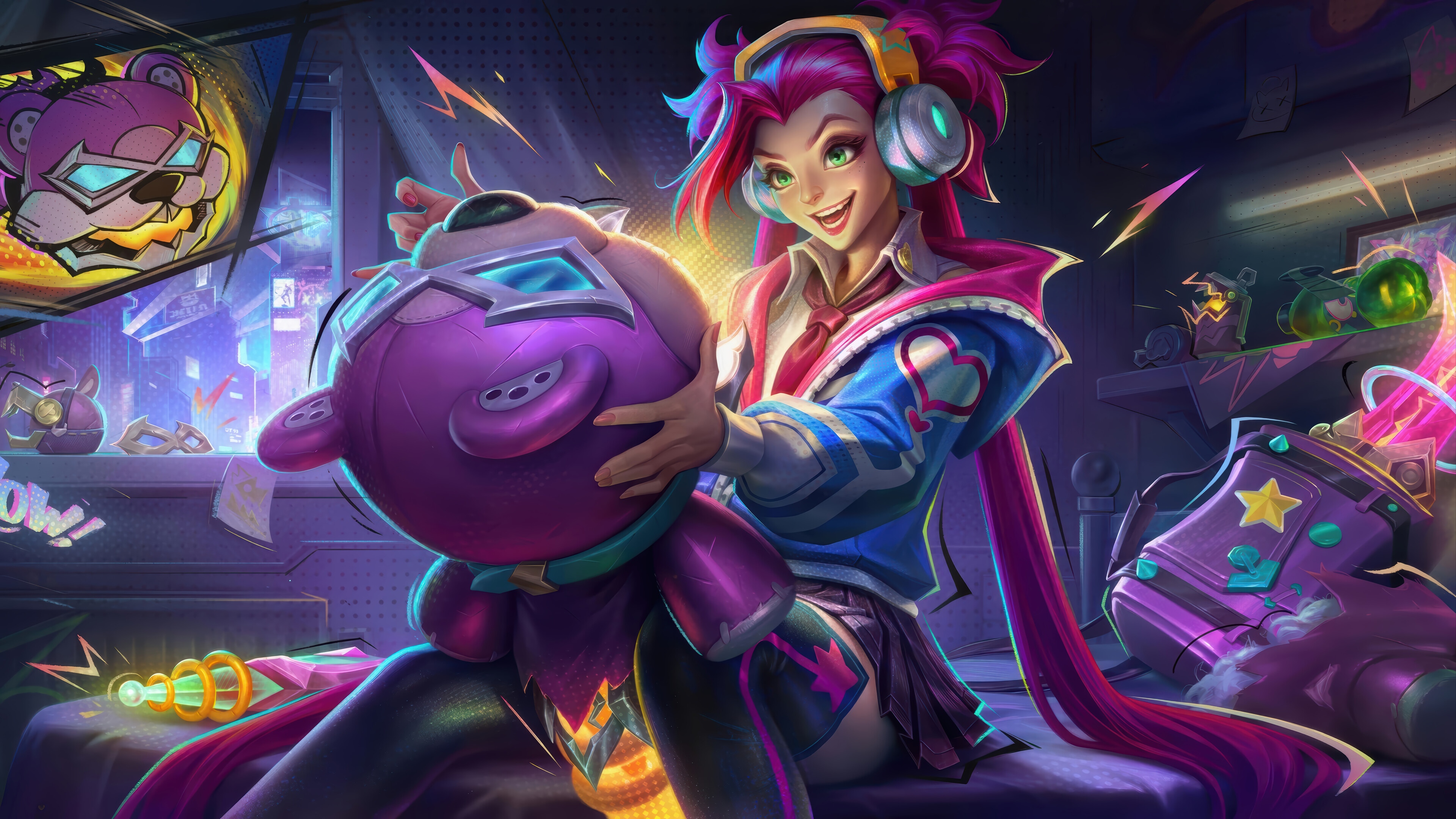 Jinx from League of Legends holding a plush toy HD Wallpaper