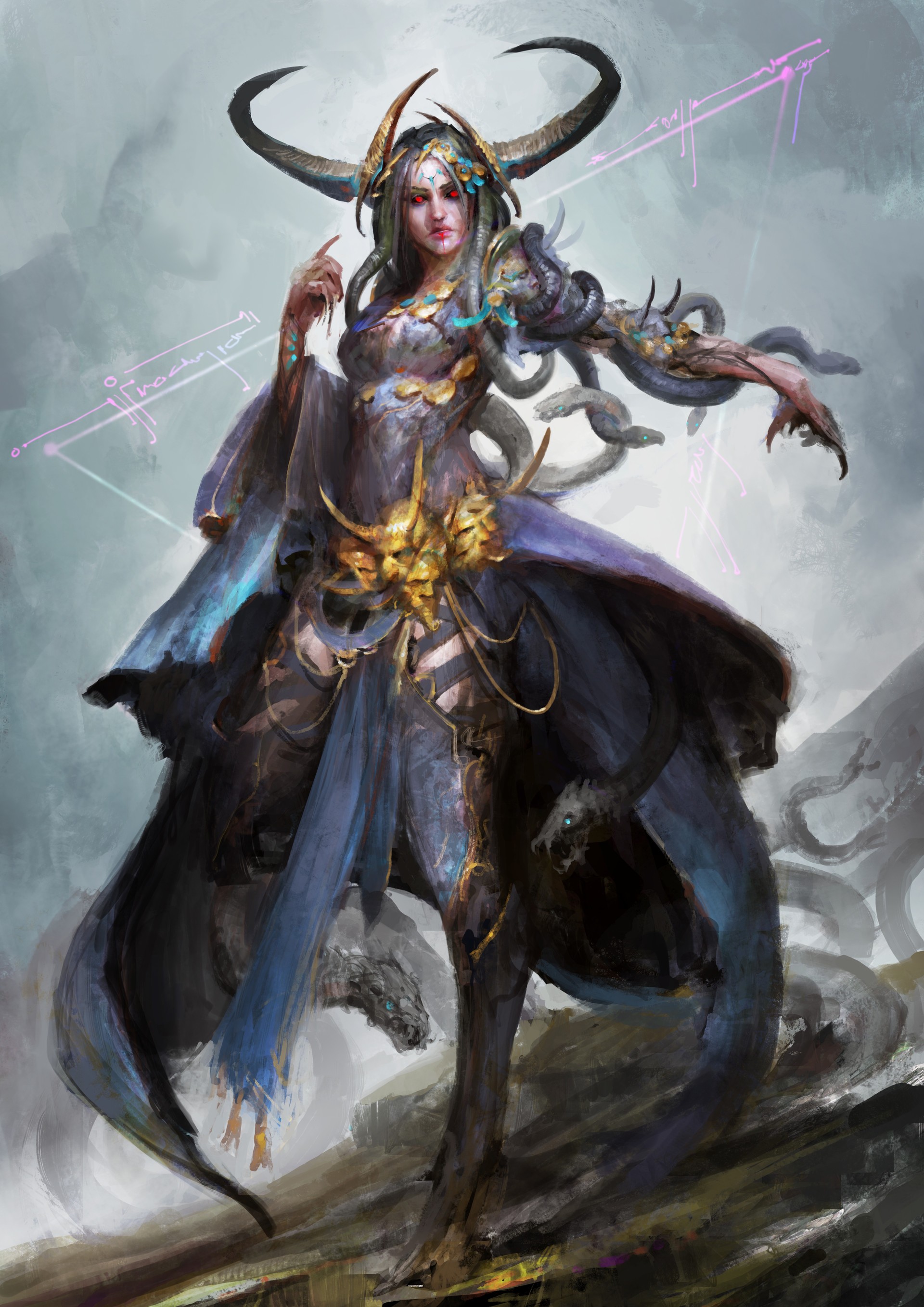 Fantasy art of a horned woman with snakes HD Wallpaper