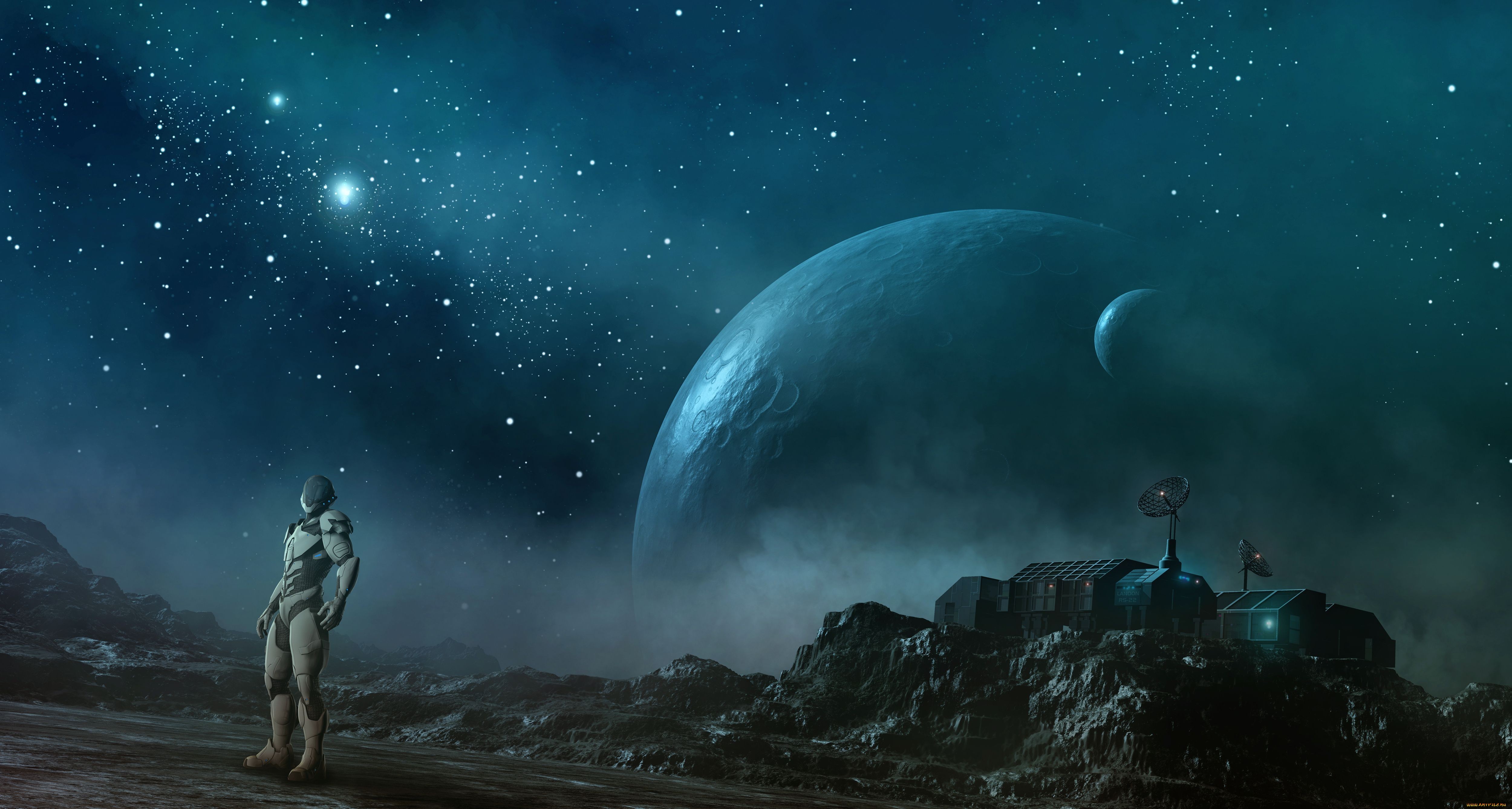 Astronaut on alien planet with large planet in sky HD Wallpaper