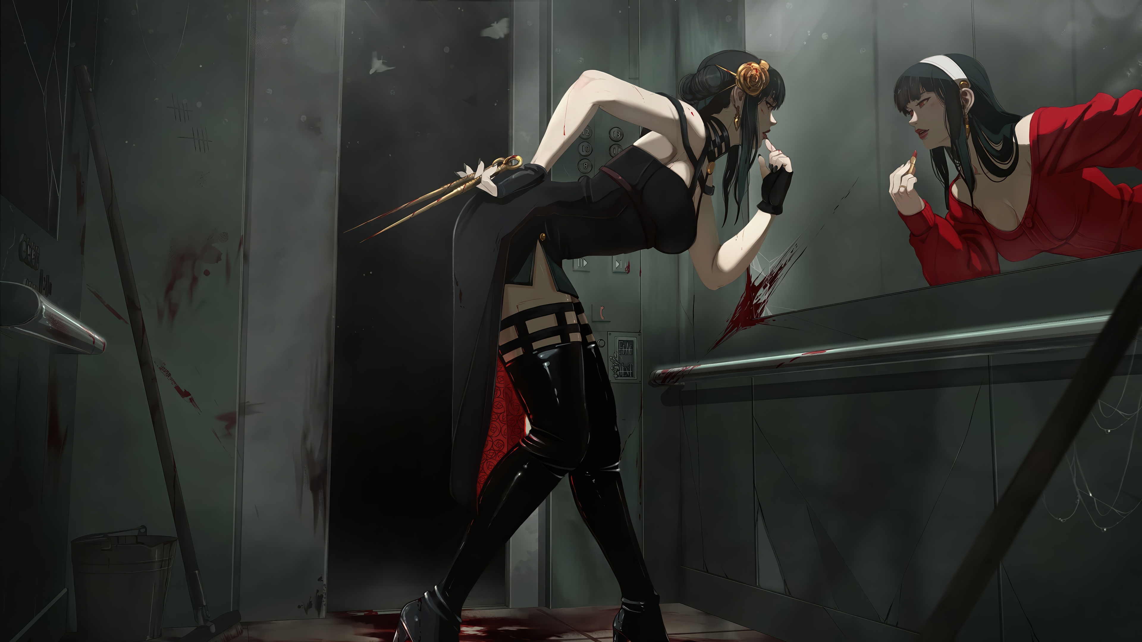 Yor Forger in a bloody elevator 4K HD Wallpaper