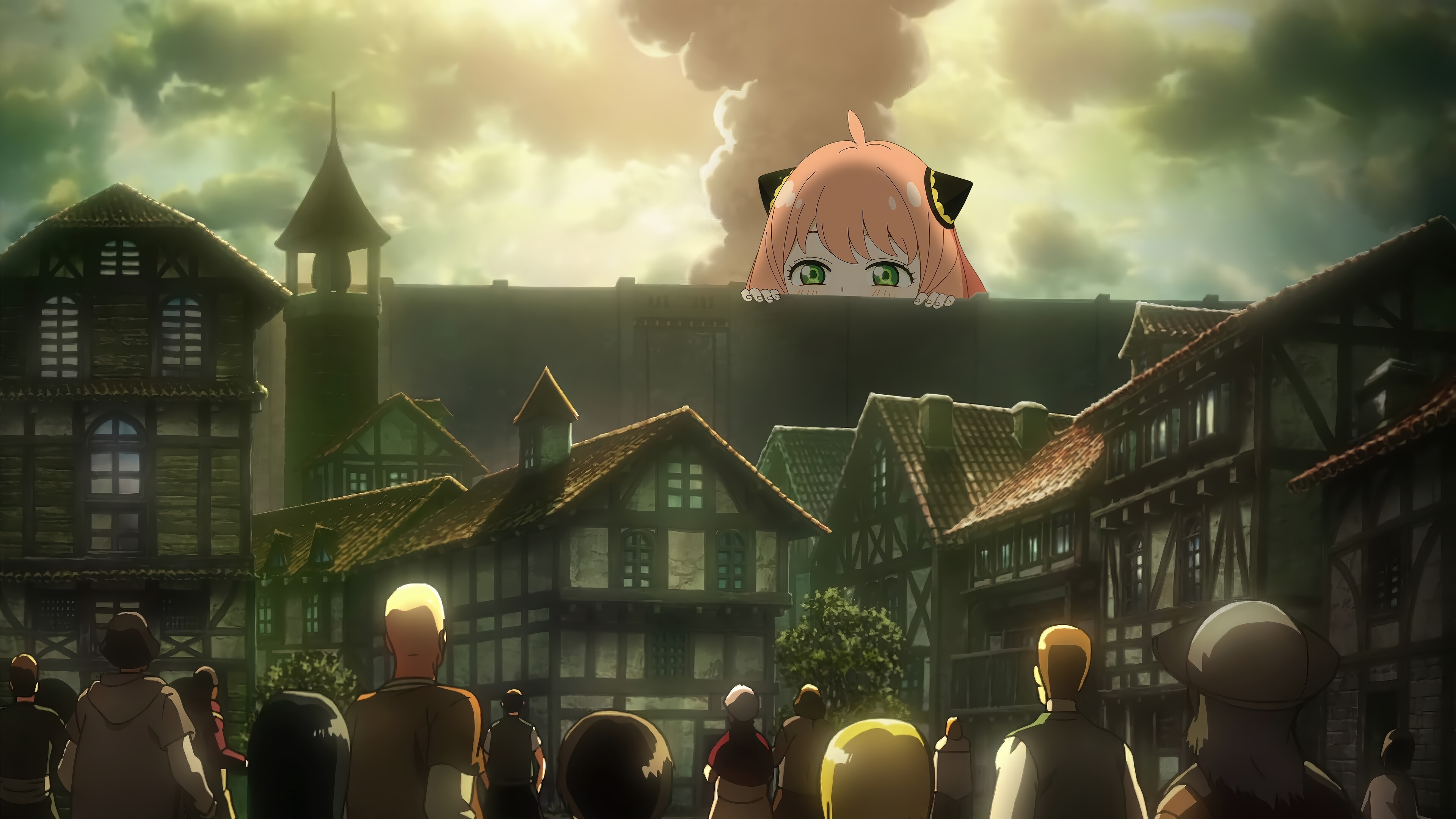 Anya Forger peeks over a wall in Attack on Titan 4K HD Wallpaper