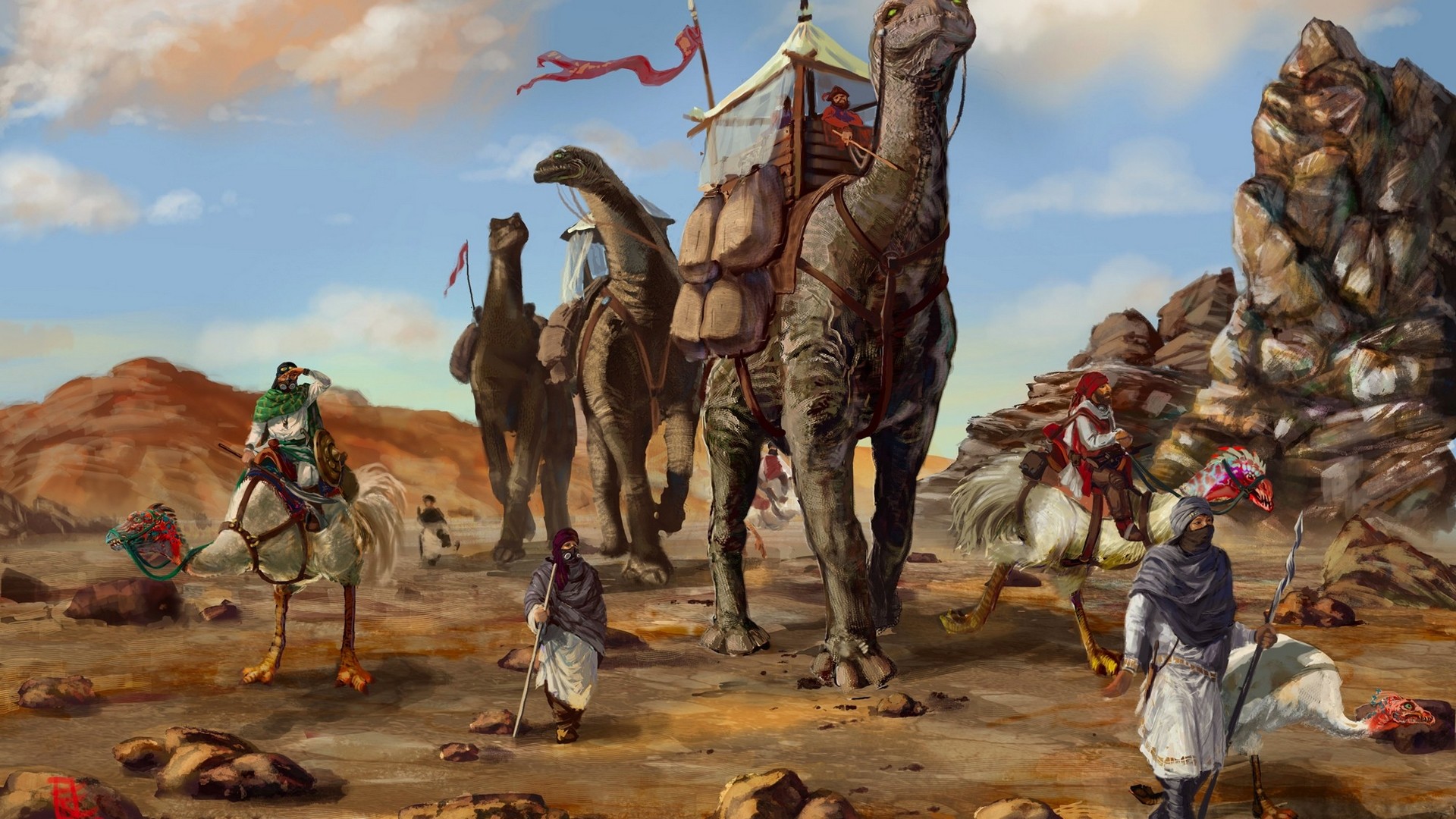 Fantasy desert caravan with dinosaur-like mounts HD Wallpaper