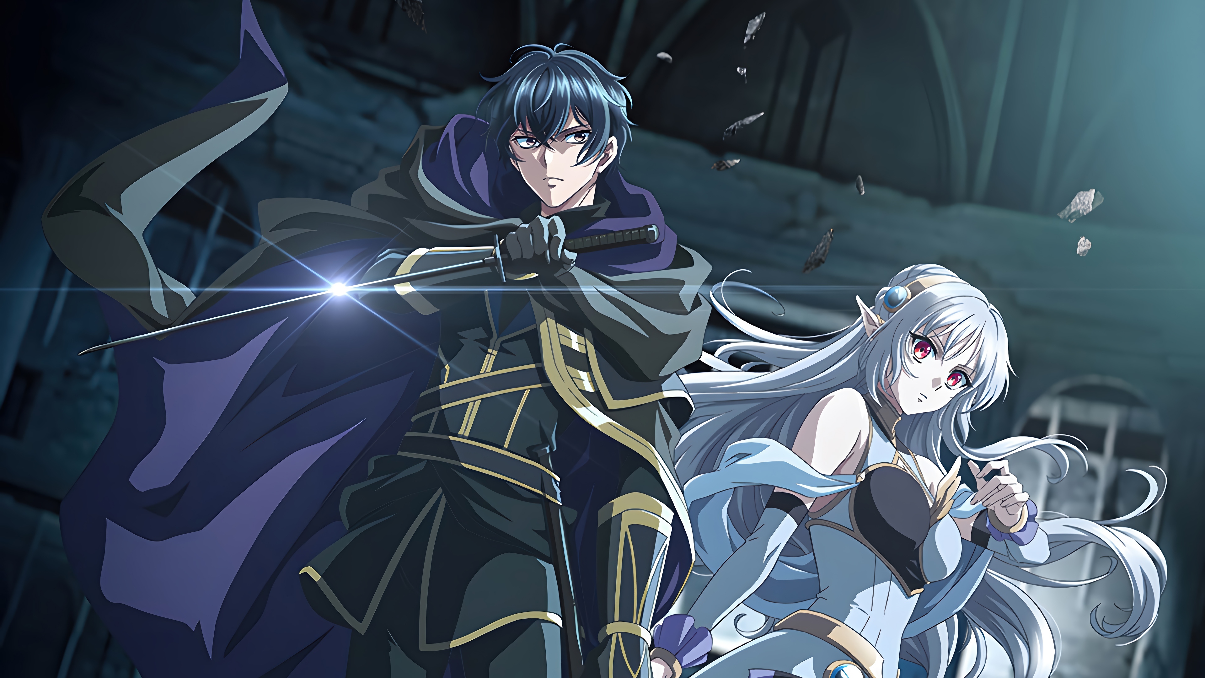 Anime characters with swords in ruins HD Wallpaper