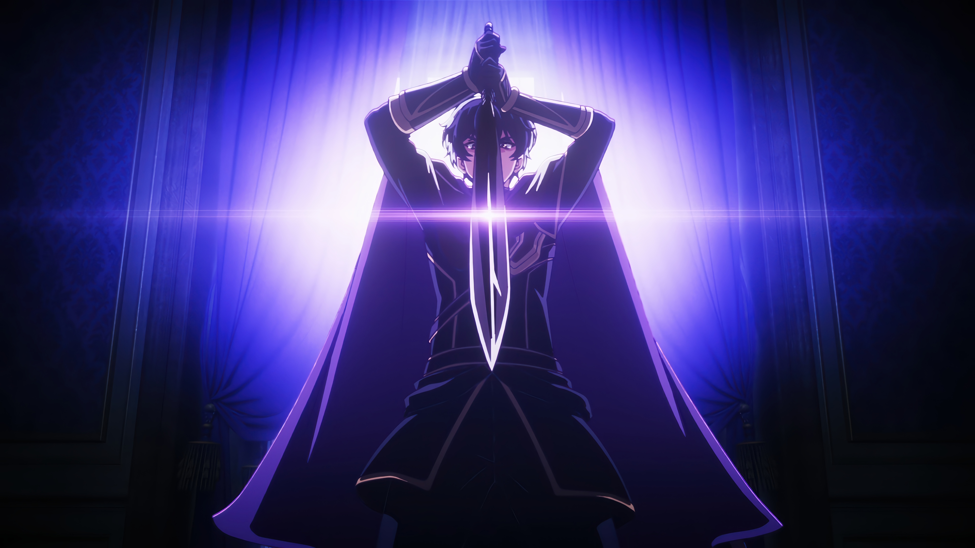 Anime character holding a sword with purple lighting HD Wallpaper