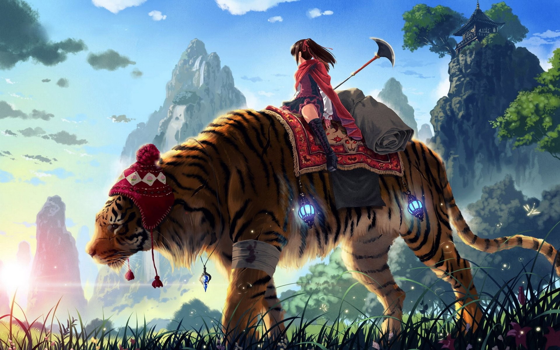 Girl riding a tiger with a weapon HD Wallpaper