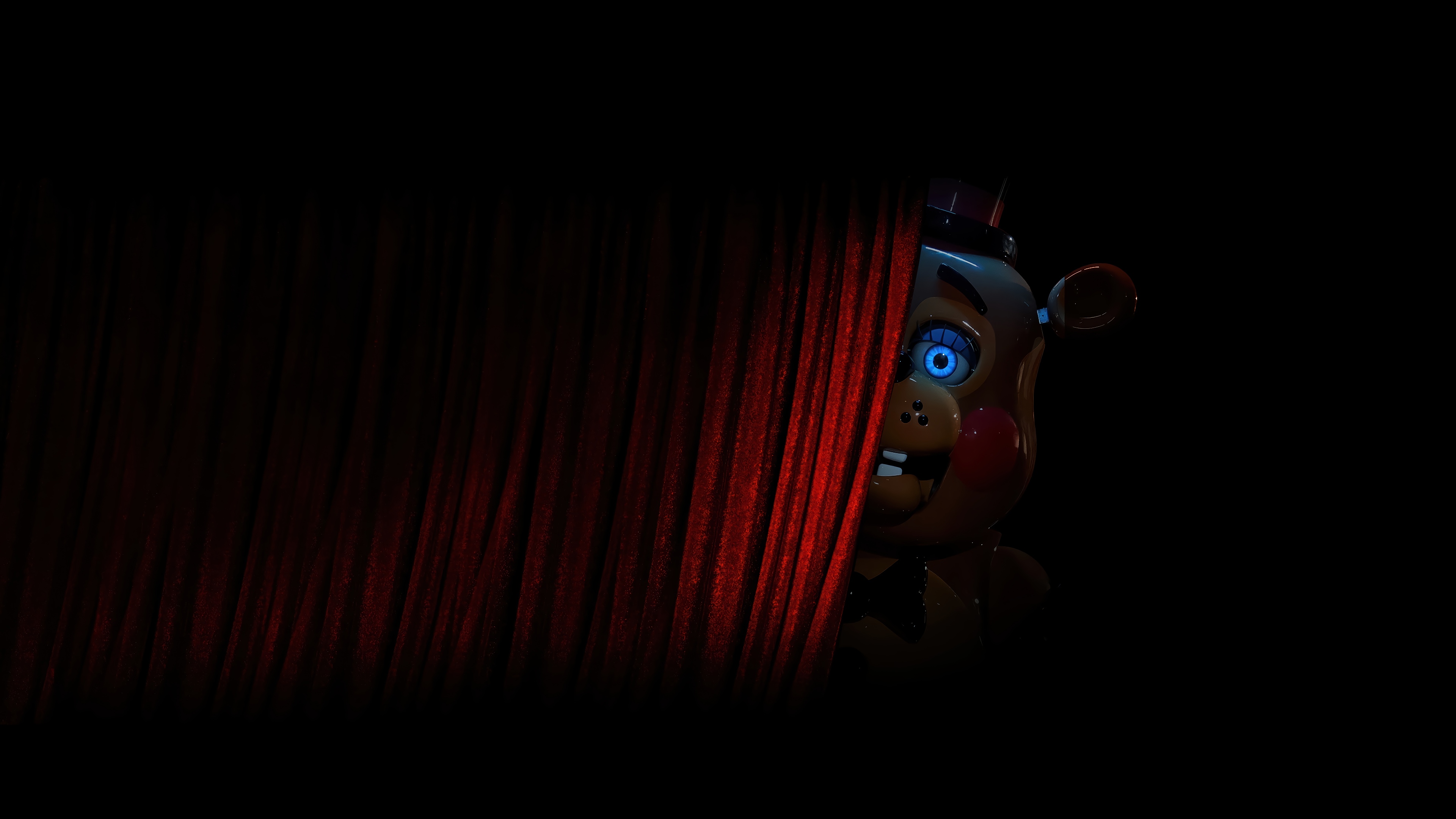 FNAF Toy Freddy Peeking Behind Red Curtain 4K HD Wallpaper