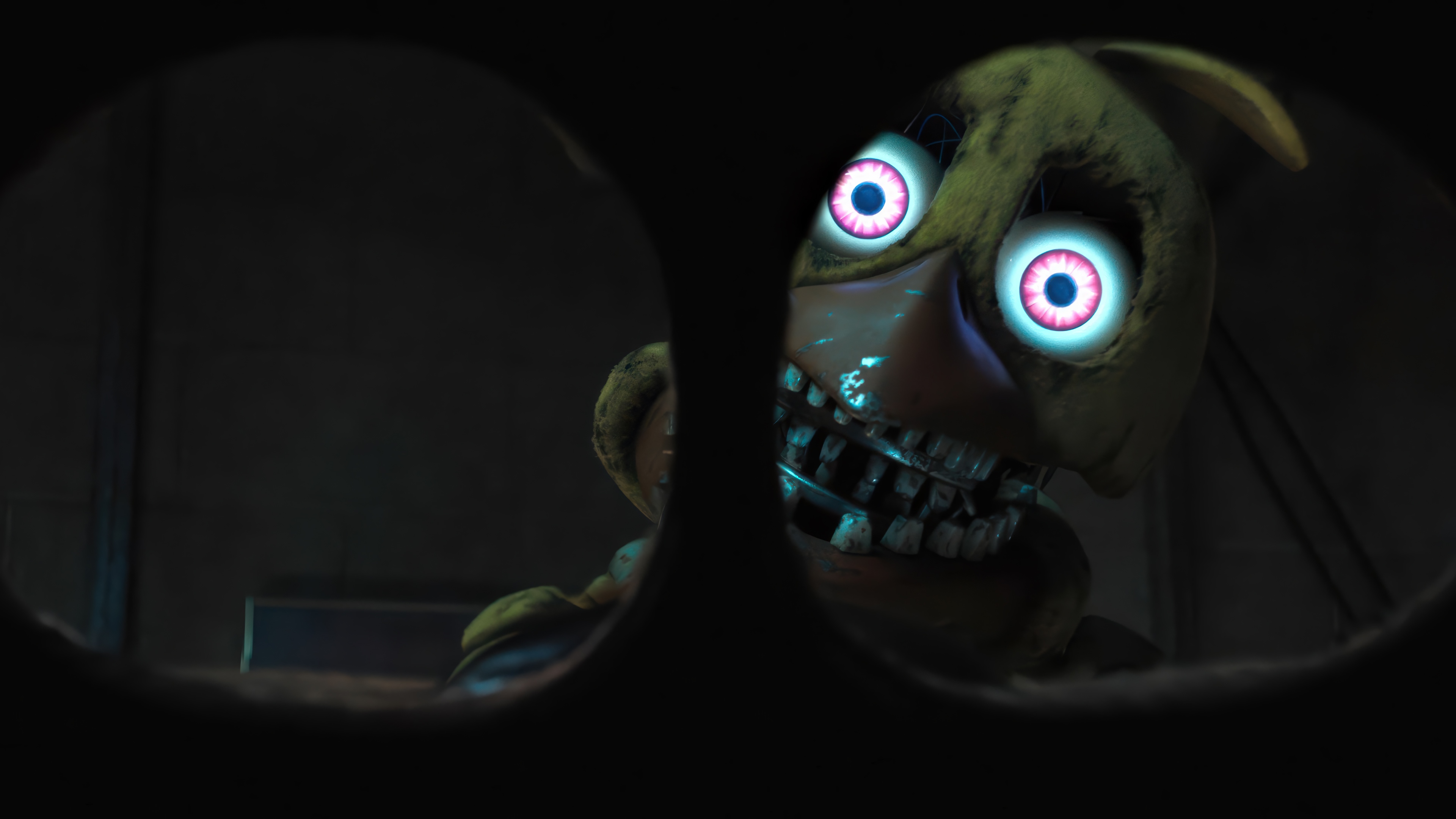 FNAF Chica peeking through a dark opening HD Wallpaper