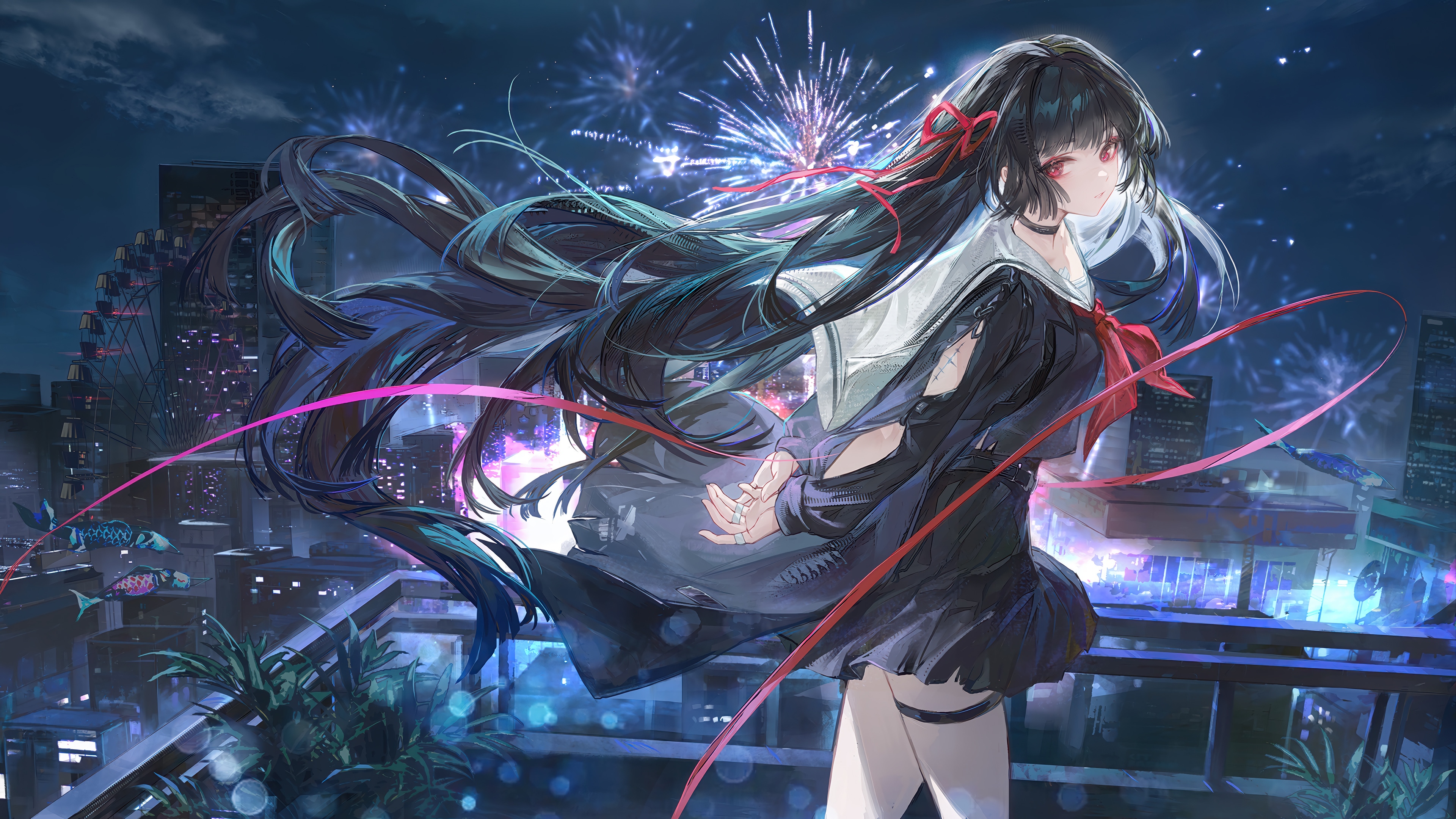 Chisa from Wuthering Waves with Fireworks HD Wallpaper