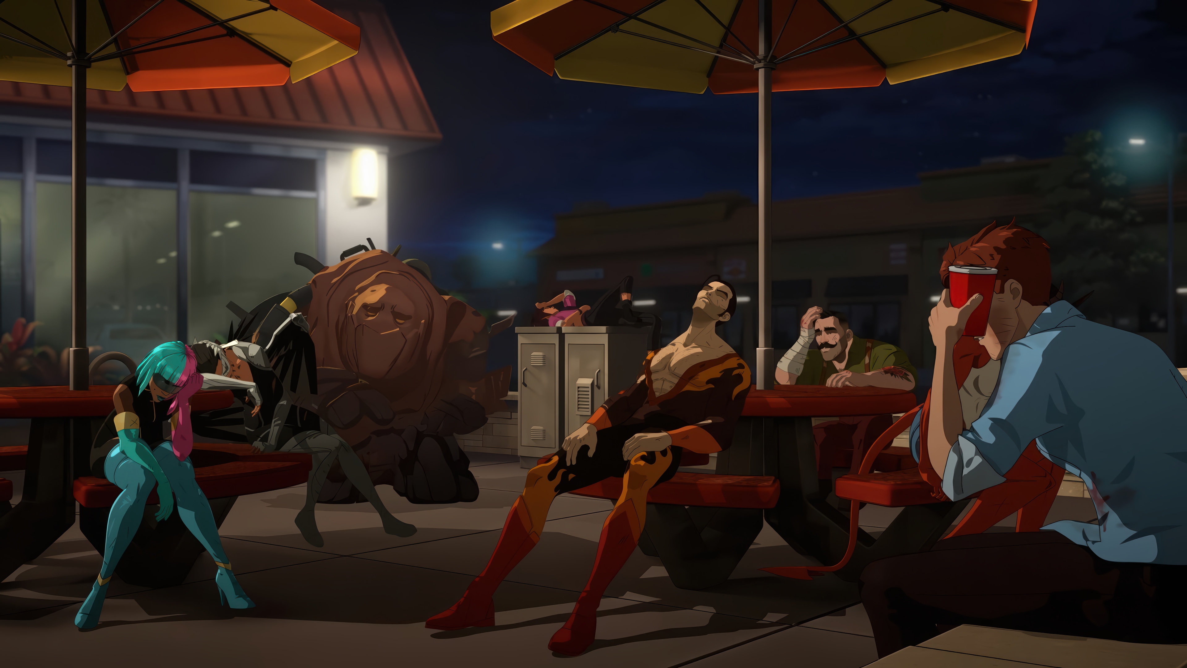 Dispatch - Game characters at a diner HD Wallpaper