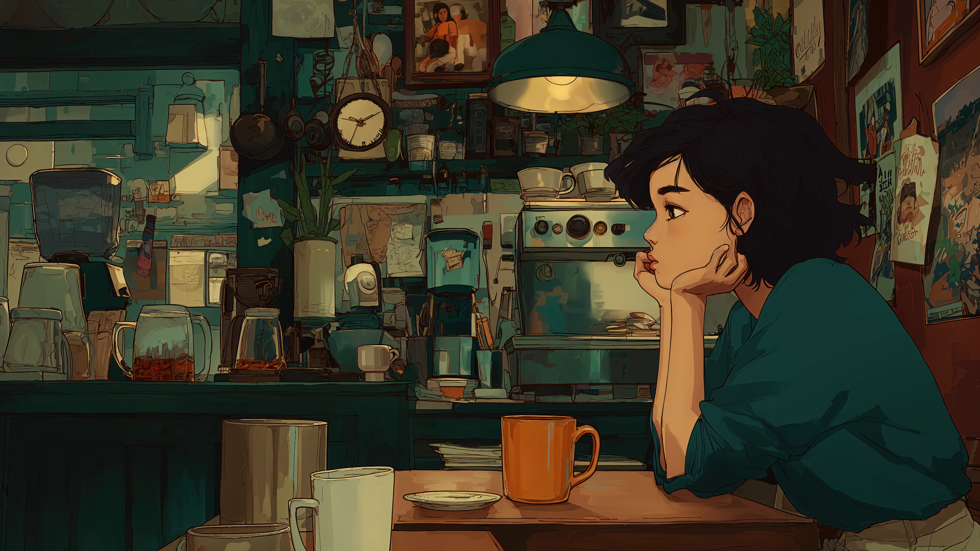 Girl in a coffee shop with coffee cups HD Wallpaper