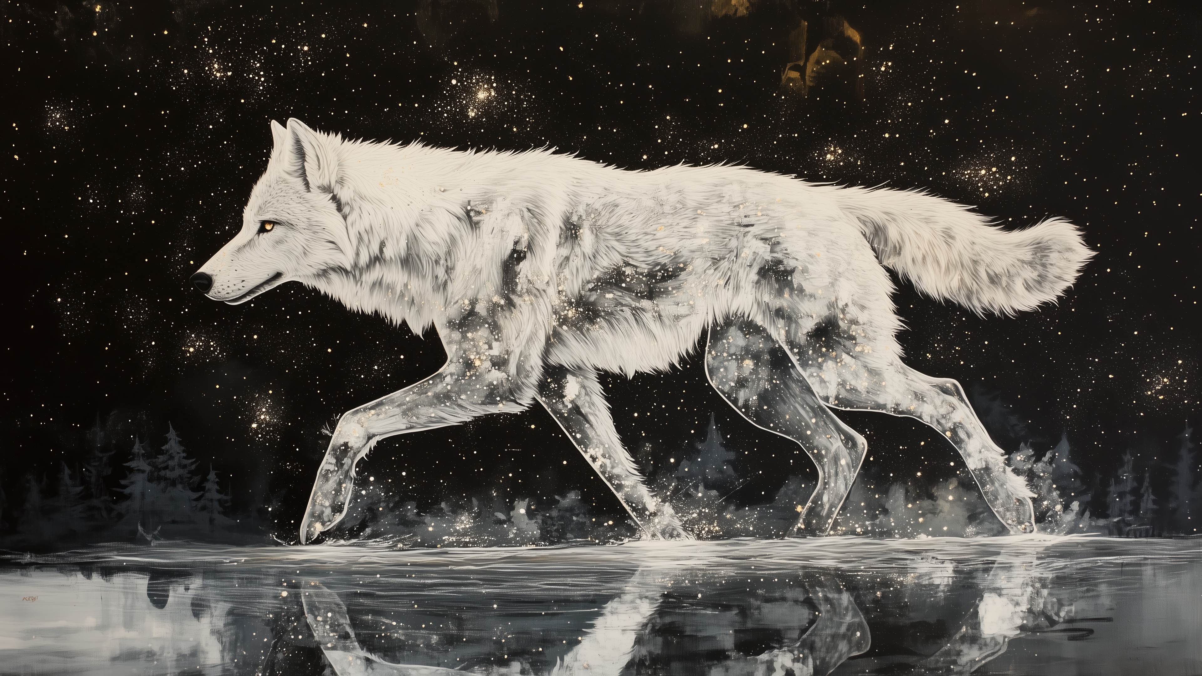 White Wolf in a Starry Night Sky 4K HD Wallpaper