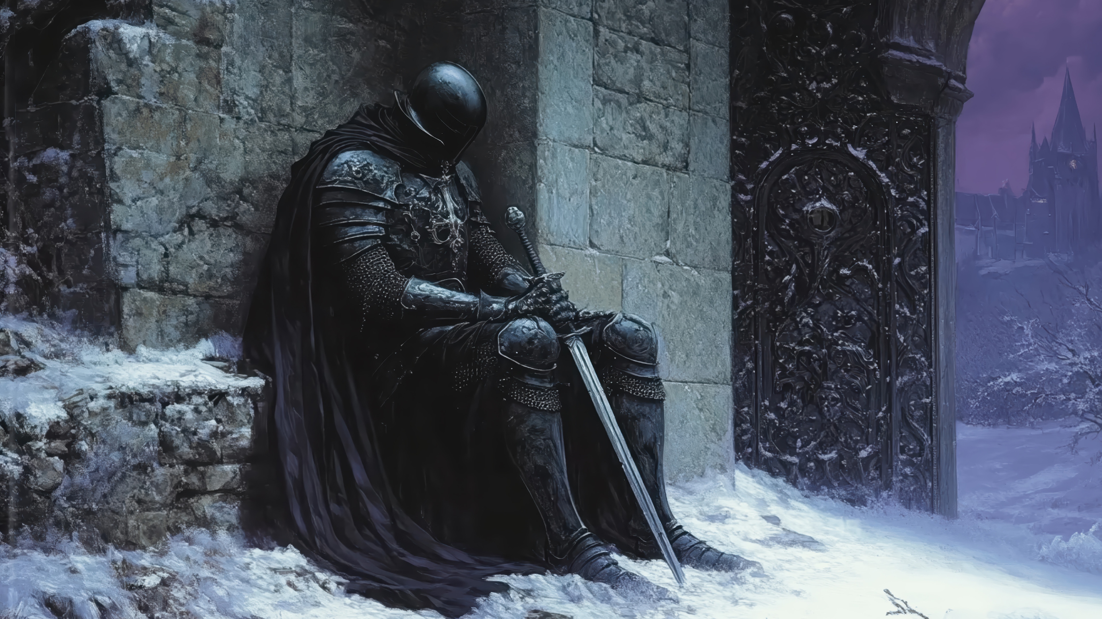 Knight in Armor Sitting in Snow with Sword HD Wallpaper