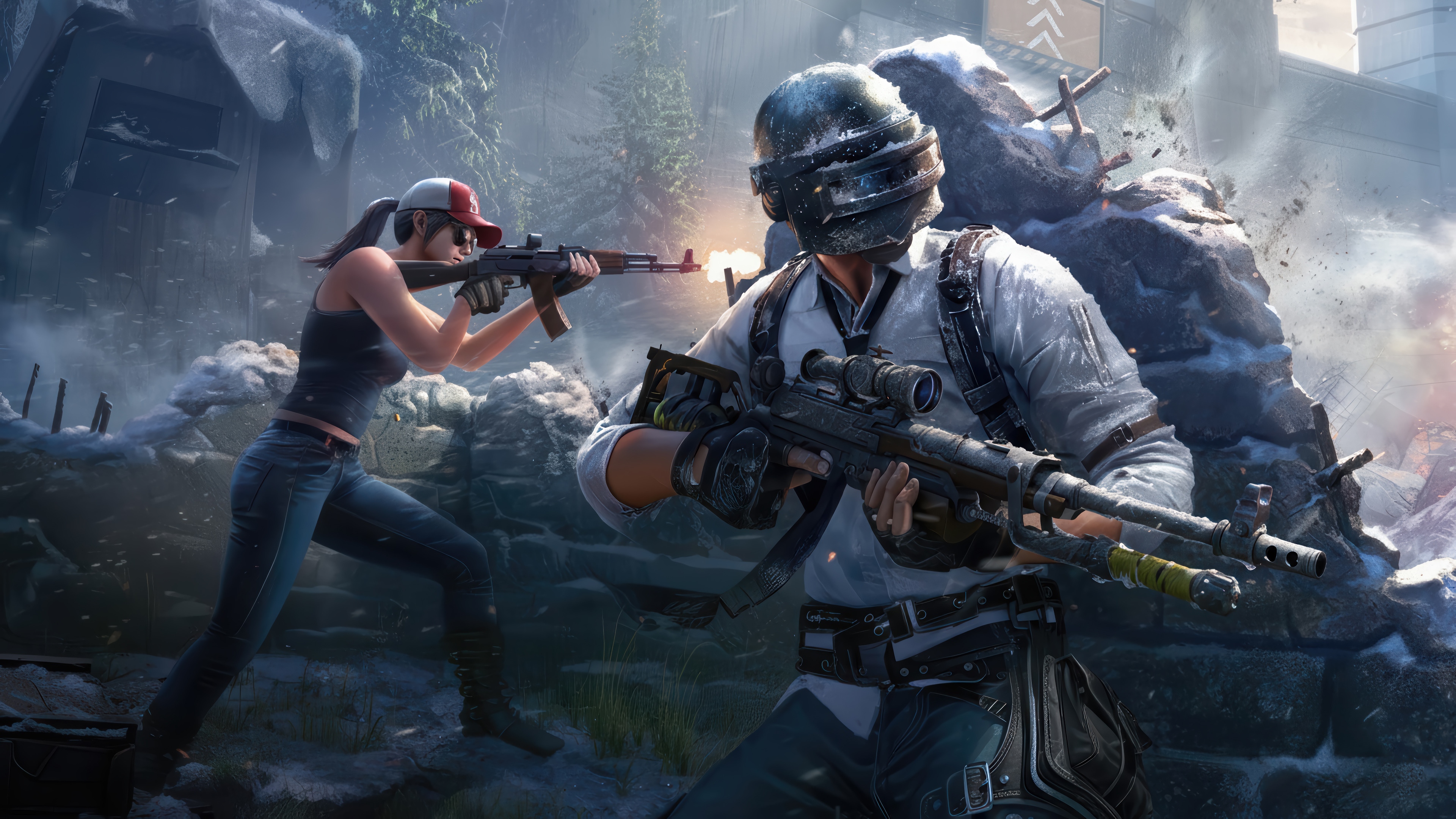 PUBG Mobile 4K characters in a snowy battle HD Wallpaper