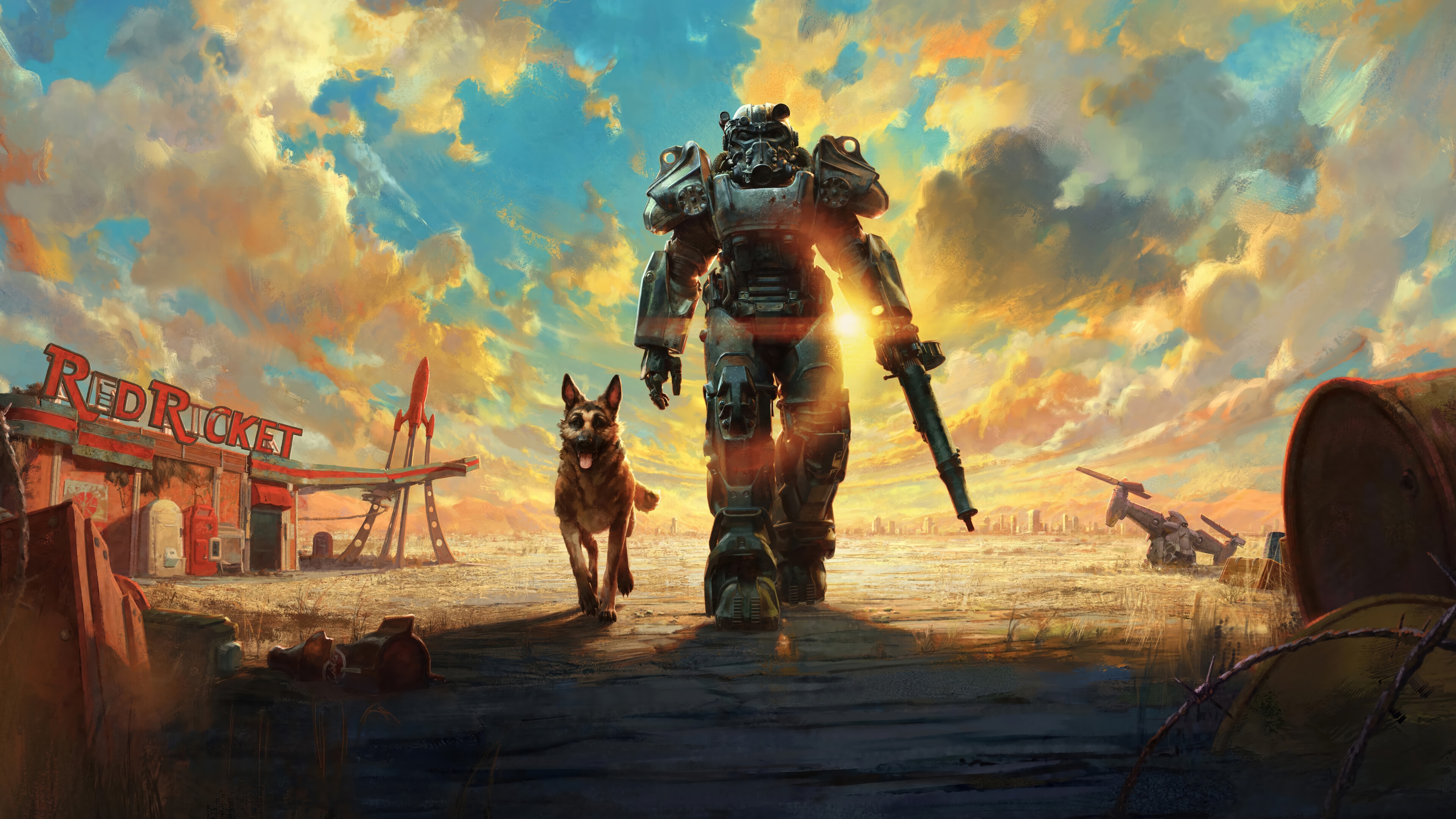 Fallout 4 Power Armor and Dog at Red Rocket HD Wallpaper