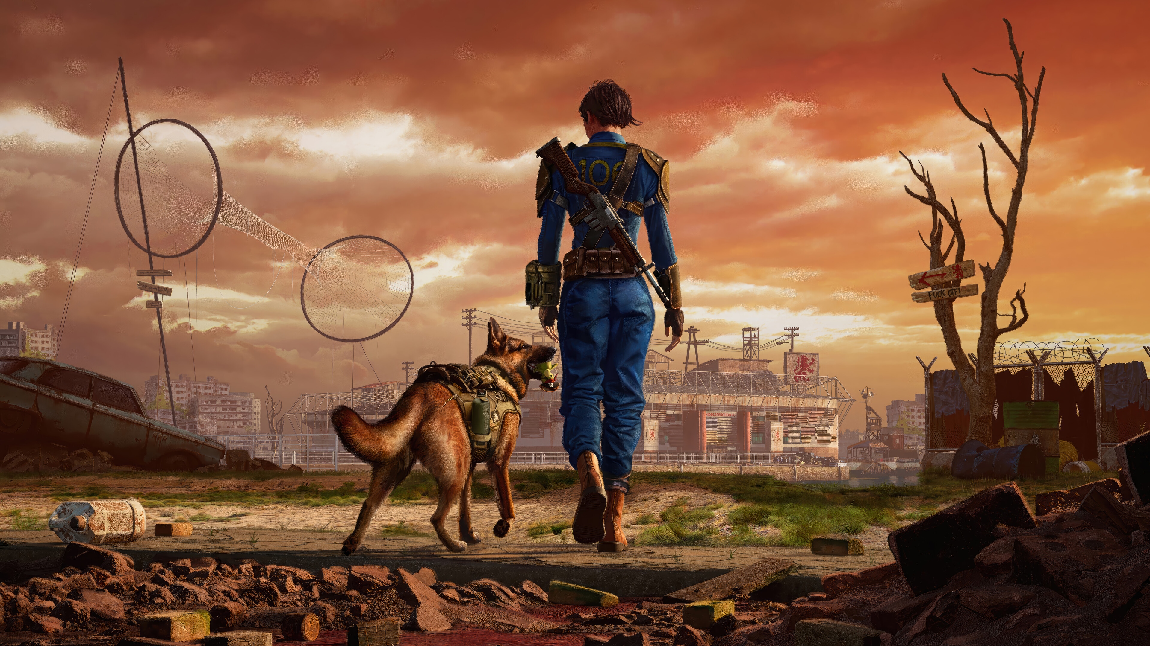 Fallout 4K: Woman and Dog in Post-Apocalyptic City HD Wallpaper