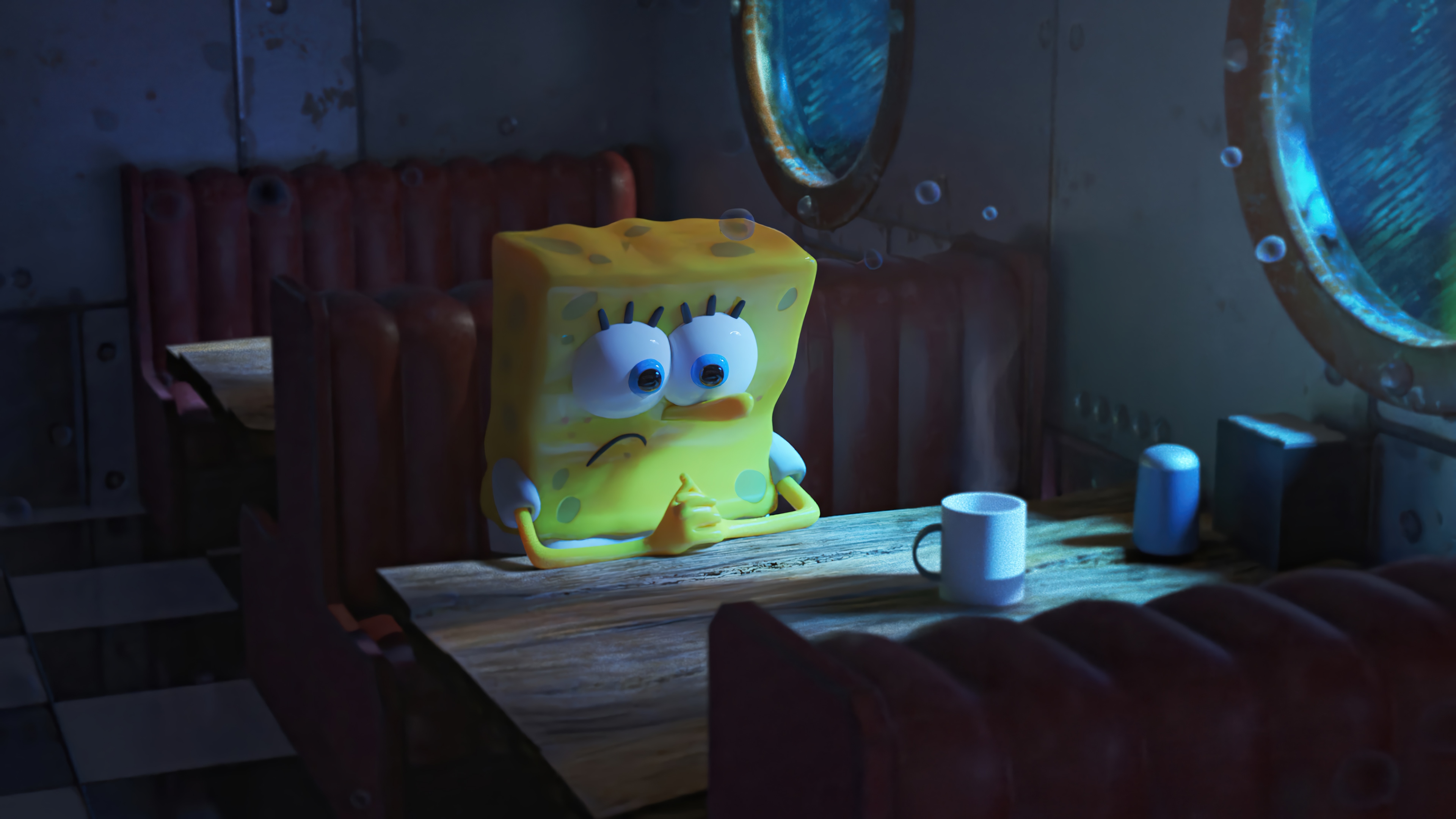 SpongeBob SquarePants sitting at a diner table HD Wallpaper