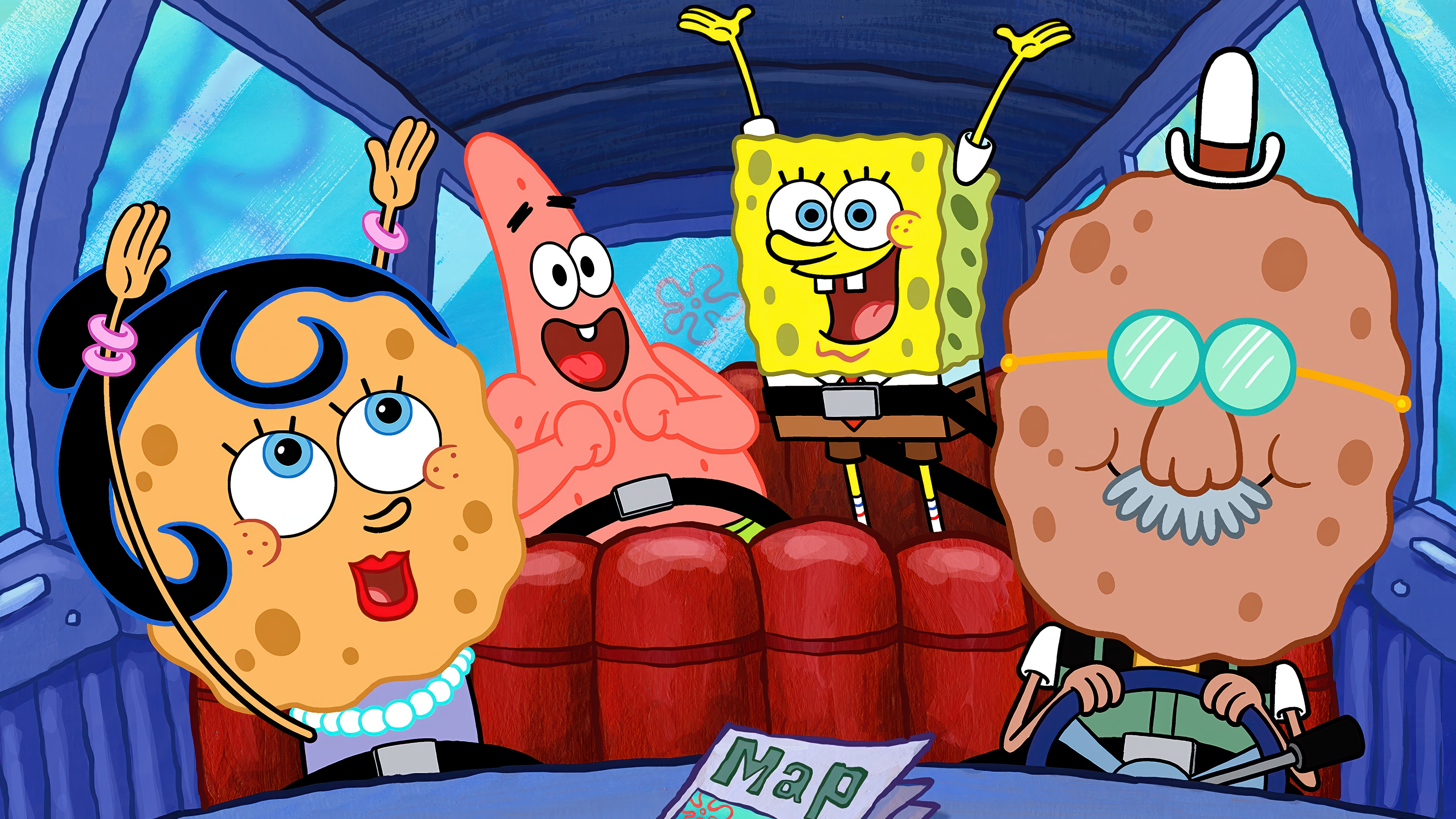 SpongeBob SquarePants, Patrick Star, and SpongeBob's Parents in a Car HD Wallpaper